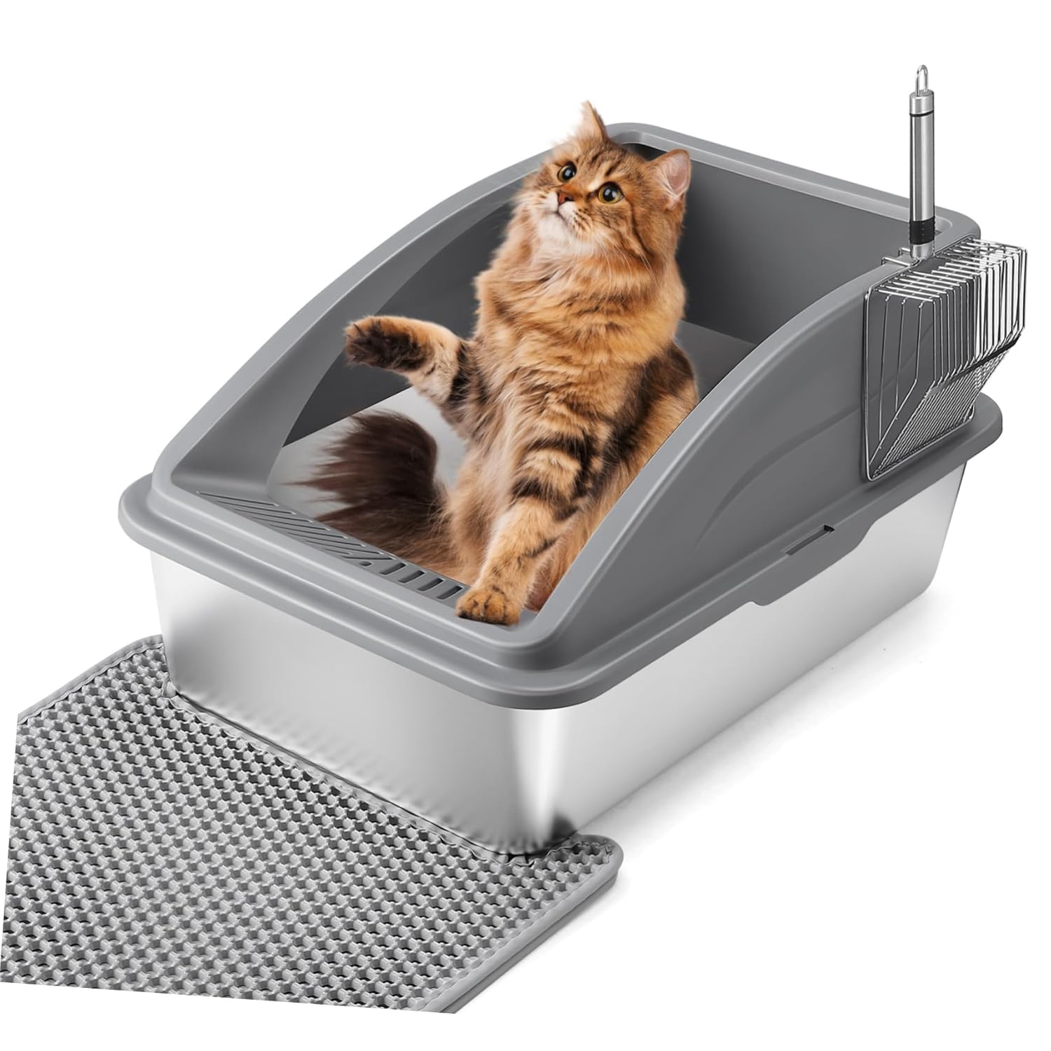 Kisangel 1set Extra Large Stainless Steel Cat Litter Box with High Sides Easy to Deep Litter Box for Indoor and Non-Stick Mat Modern