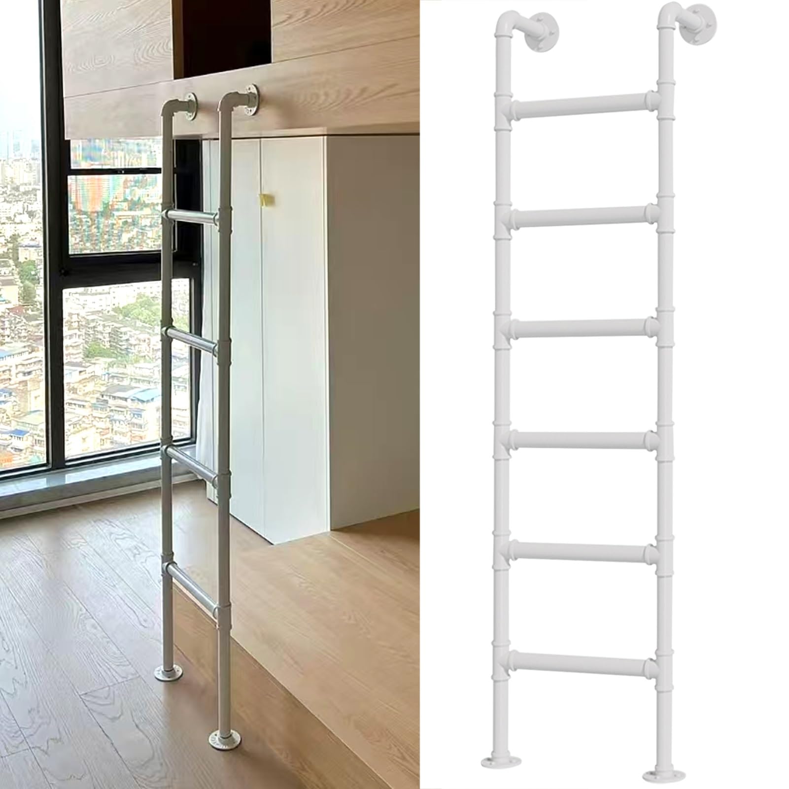 Escalera de altillo de ático, escalera de escalada universal montada en la pared para escape de incendios, literas y caravanas, hecha de hierro forjado blanco