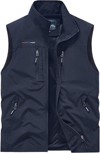 Mens Outdoor Utility Vest, Navy Blue, Multiple Zippered Pockets, Stand Collar