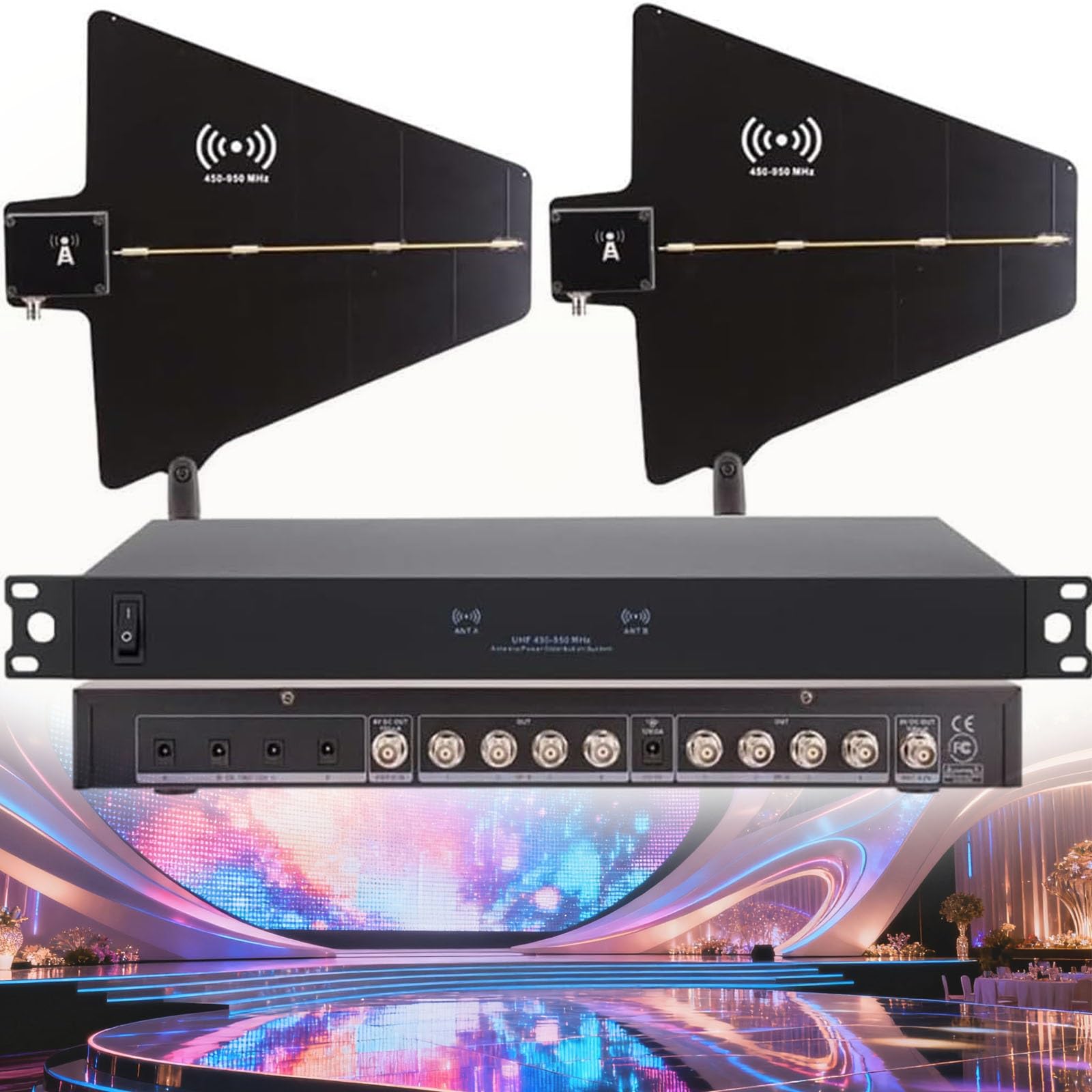 UHF Antenna Power Distribution System, Active Directional Antennas Wireless Microphone Systems, 450-950 Mhz, with 2 Antenna Paddles for Stage Performance,Wedding, Live Shows(16Input)