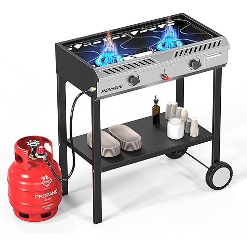 ROVSUN 2 Burner Outdoor Propane Gas Stove with Auto-ignition, Regulator & Shelf, 150,000 BTU Powerful Stand Cooker for Backyard Patio Cooking Home Brewing Canning Turkey Frying