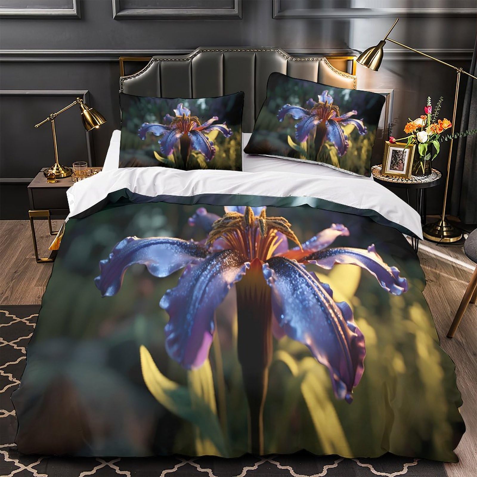 Linge de lit ultra douce anti acarien violet fleur bloom en microfibre 3d
