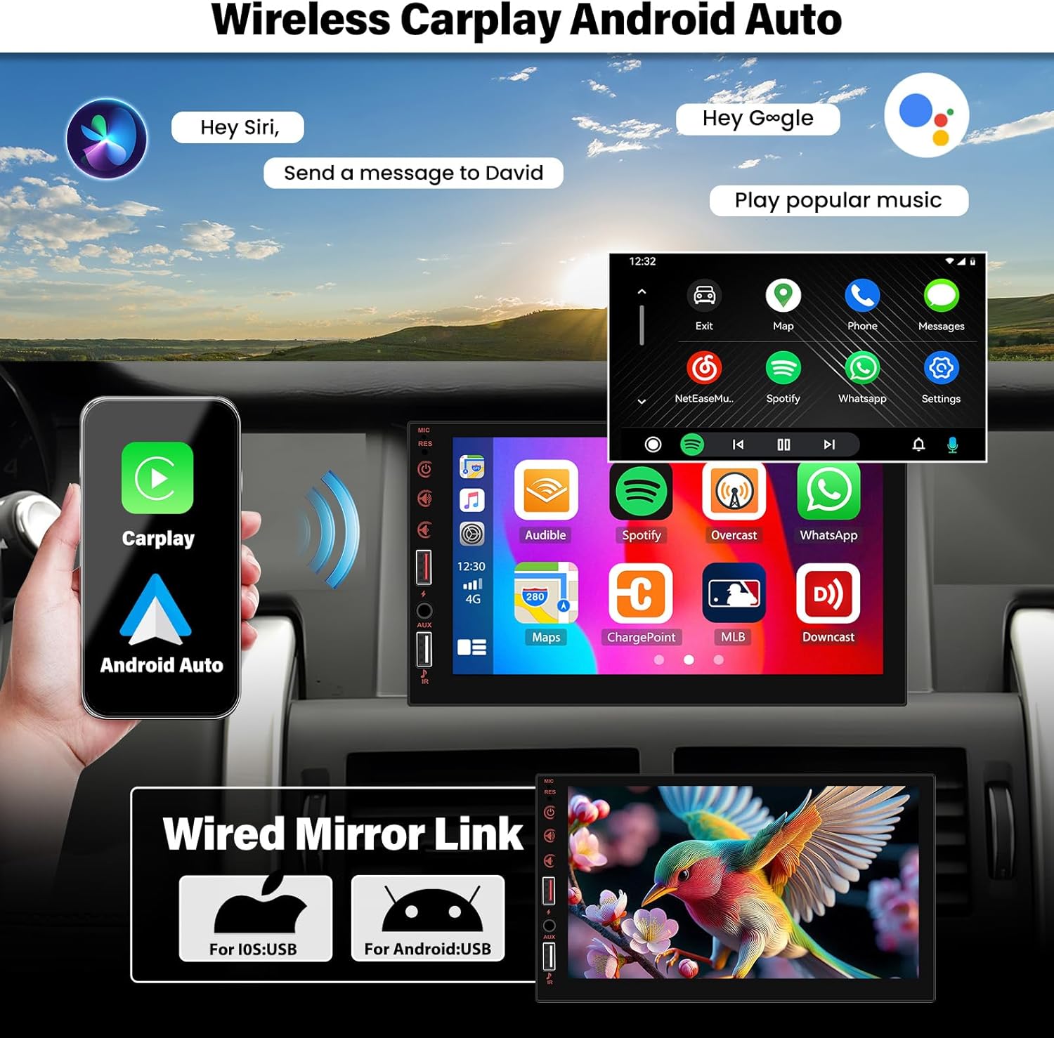 Screenshot of the car stereo display showing Wireless CarPlay and Android Auto interfaces