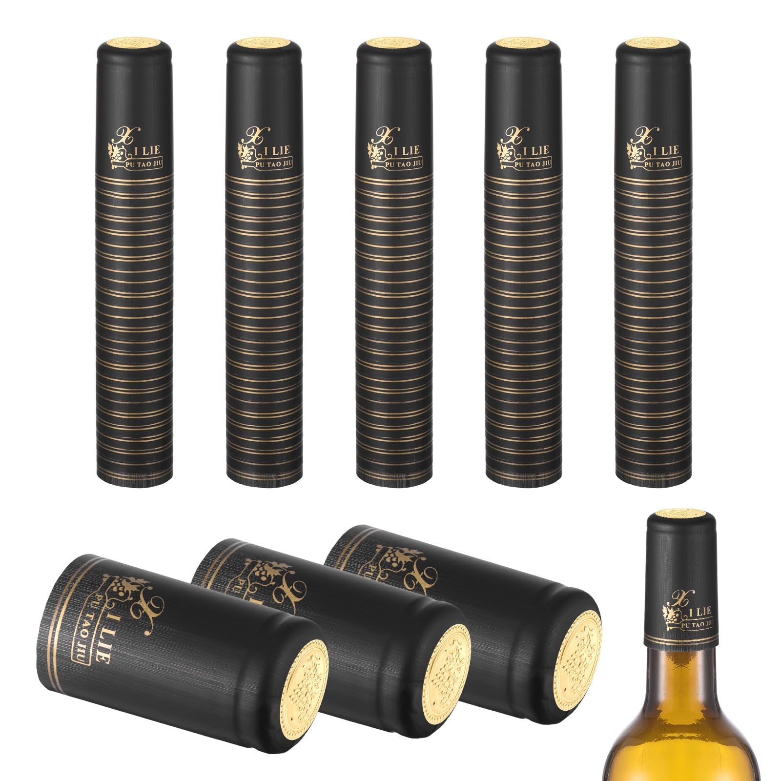 sourcing map 150Pcs PVC Heat Shrink Capsules, 32mm x 50mm Wine Bottle Capsules Shrink Wrap Sleeves Bottle Corks Caps for Wine Making Cellars and Home Kitchen, Gold Grape/Black Letter