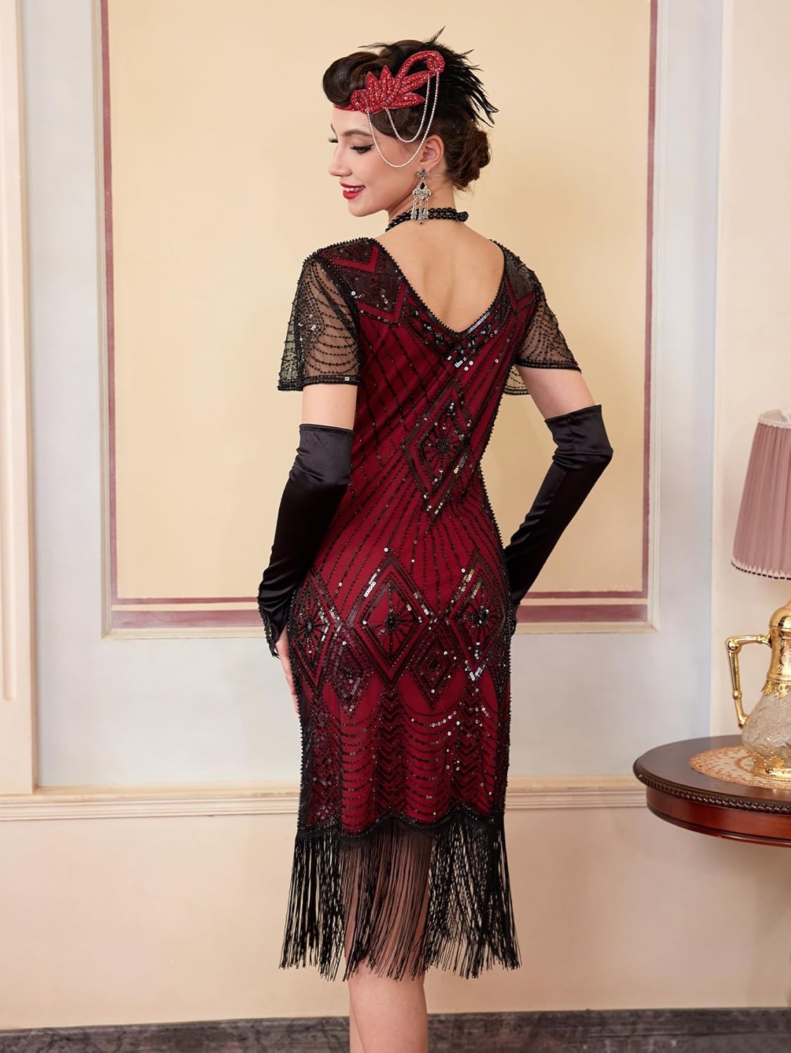 1920s Dresses for Women, Great Gatsby Dresses Roaring 20s for women, Sheer Beaded Sleeves Costume with accessories - Image 3
