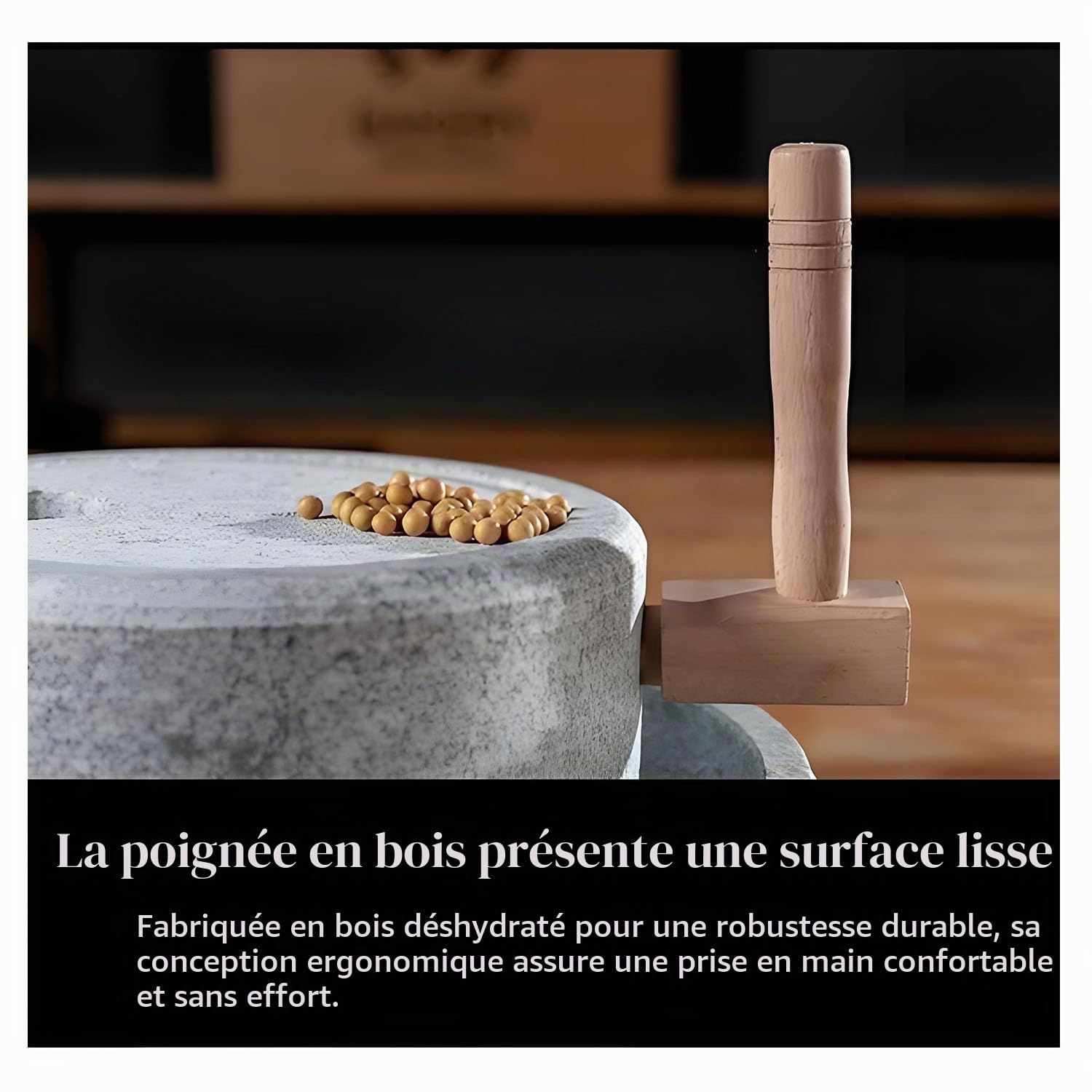 Yinian Broyeur manuel en pierre, petit broyeur à épices, petit broyeur à café, moulin à céréales humide/sec pour céréales, haricots et orge, avec cadre en bois (taille : 35cm)