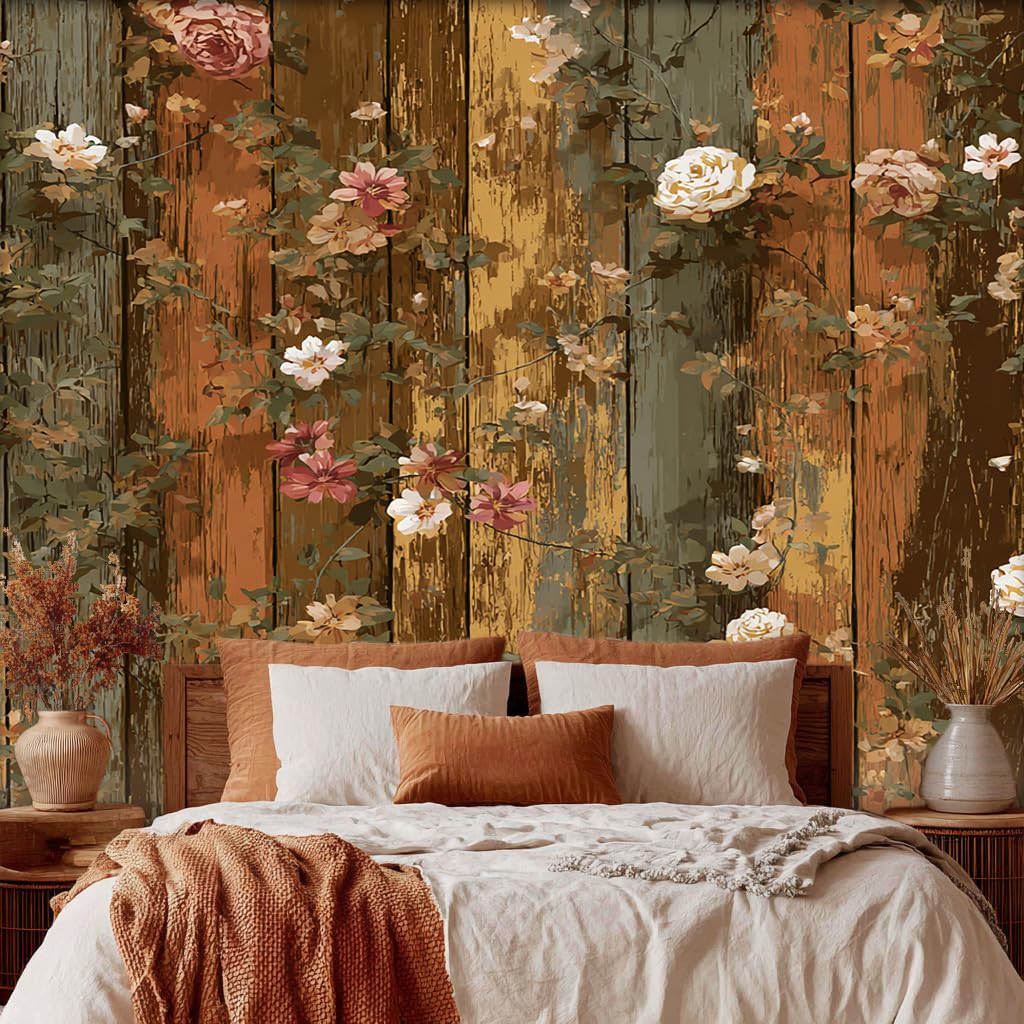 3D Rose Mural Wallpaper, Rustic Wood Grain Floral Wallpaper for Bedroom, Living Room, TV Backdrop, Office, 3D Large Wall Mural Non-Woven Wall Paper 450 x 315 cm (WxH) A177