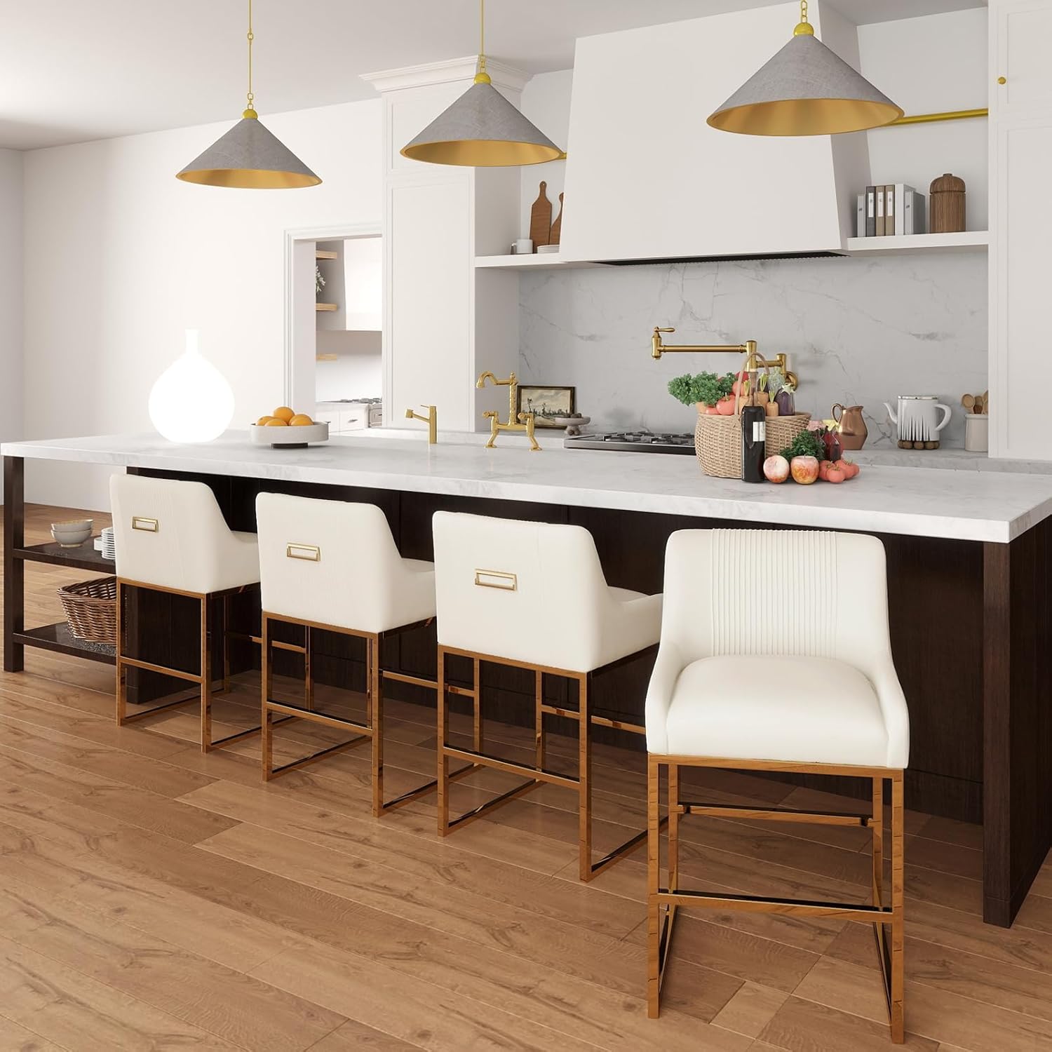 24” Velvet Counter Height Bar Stools Set of 6,Gold Bar Stools with Back, Beige Island Chairs with Gold Chrome Plated Metal Leg,Barstools for Kitchen Counter