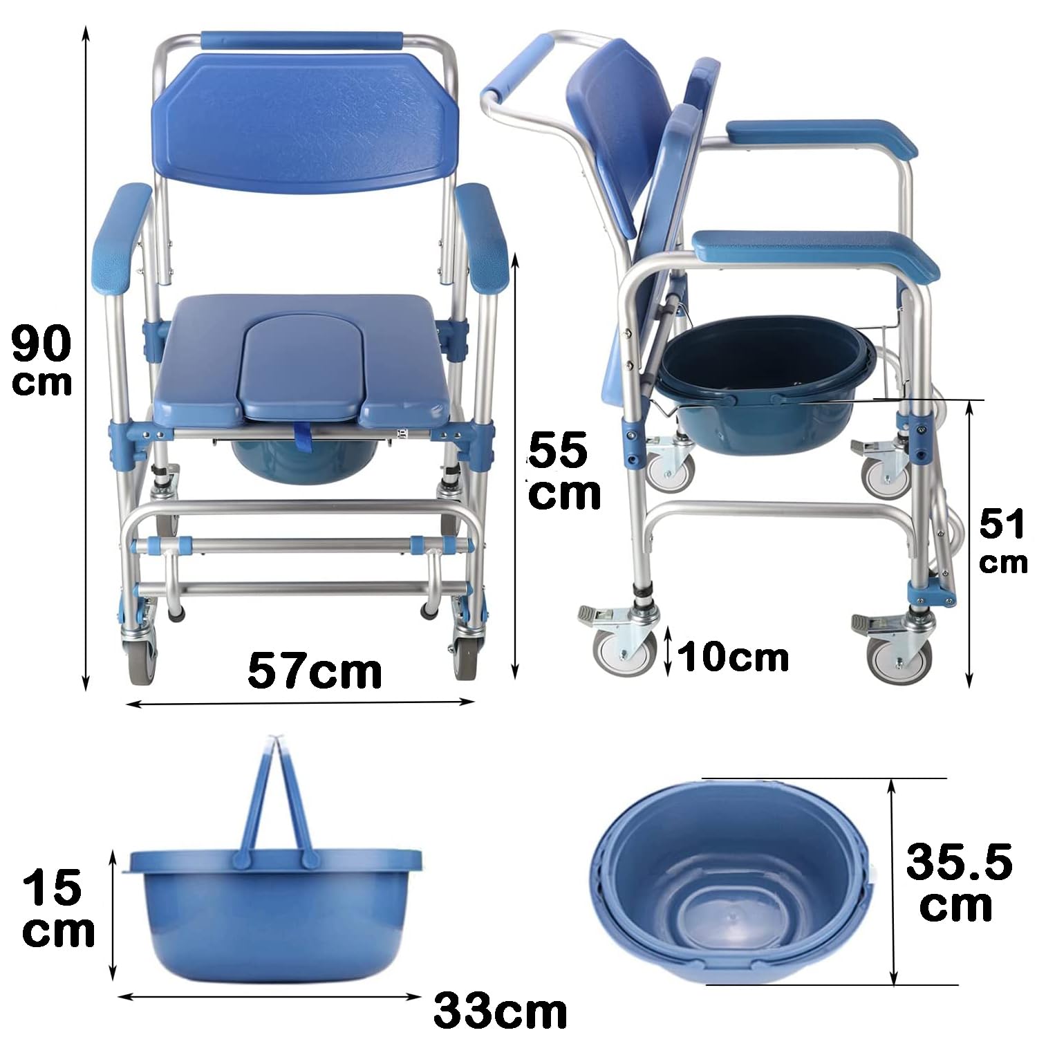 Sedia per WC mobile con braccioli e schienale, sedia da doccia con ruote per anziani e disabili, fino a 150 kg