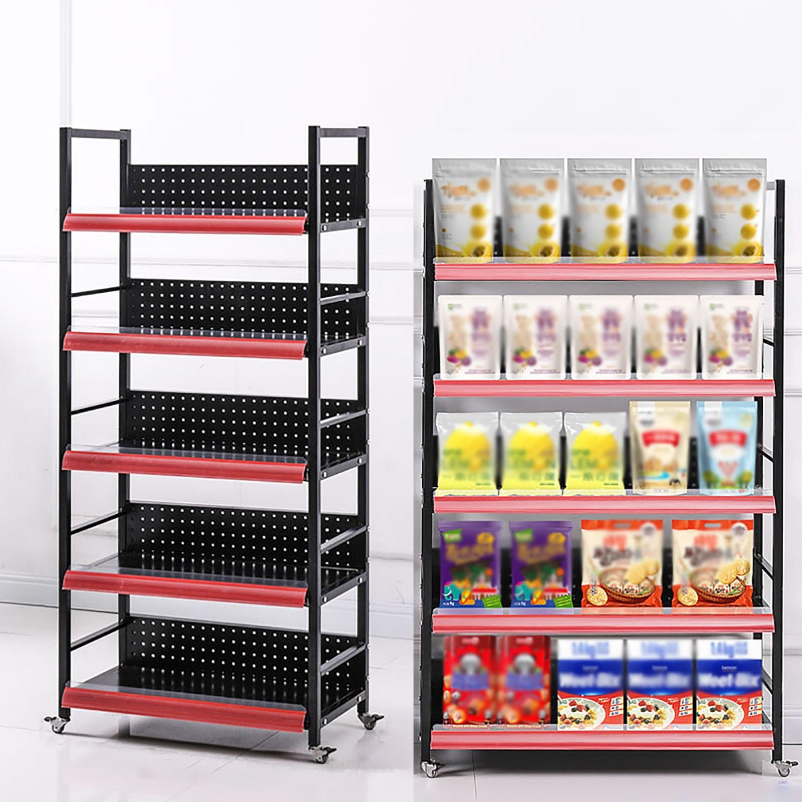 METTEOR Snack Storage Rack,Snack Organizer with 4 Hooks And 4 Wheels, Fruit Vegetable Basket for Store 3/4/5 Layer Stackable Steel Storage Baskets Organizer Cart, for Kitchen Pantry Bathro (Black 60