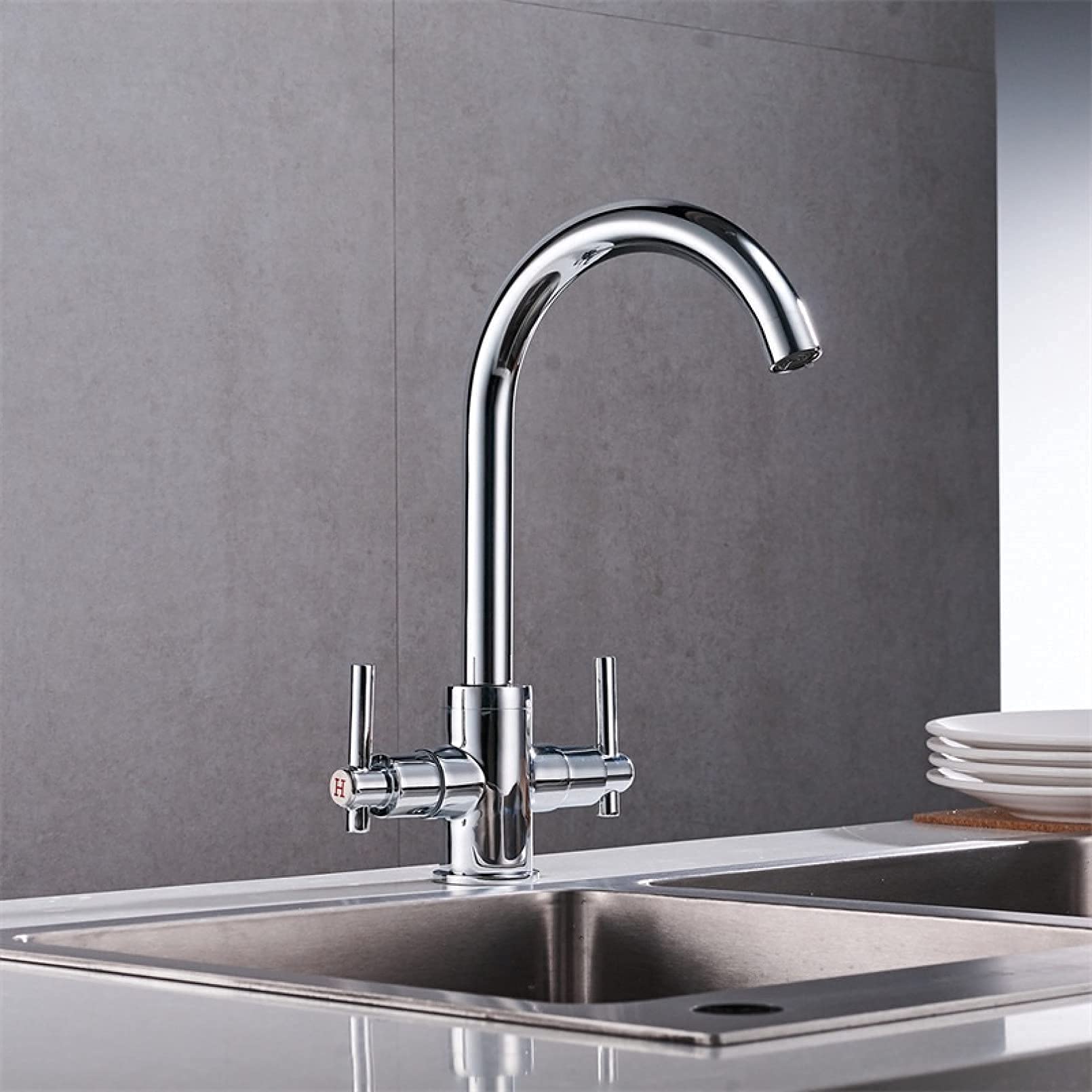 Rubinetti da Cucina per lavello ， Lavelli da Bagno Rotondi a Doppia Mano Rubinetti a Muro Miscelatore Doppio Foro Rubinetto per Acqua,Cromo Comfortable Anniversary
