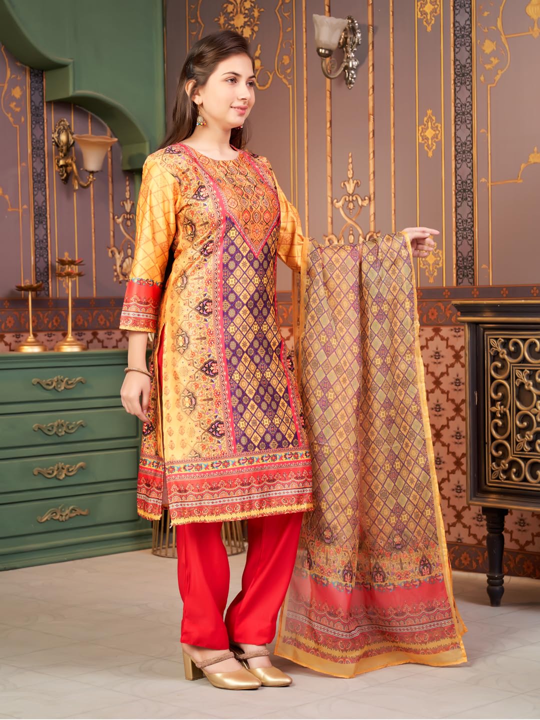 Aarika Girls Ethnic Wear Yellow-Dark Pink Colour Abstract Embalished Satin Kurti Pant Set-8-15 Years (Kp-Tr-K-1040)