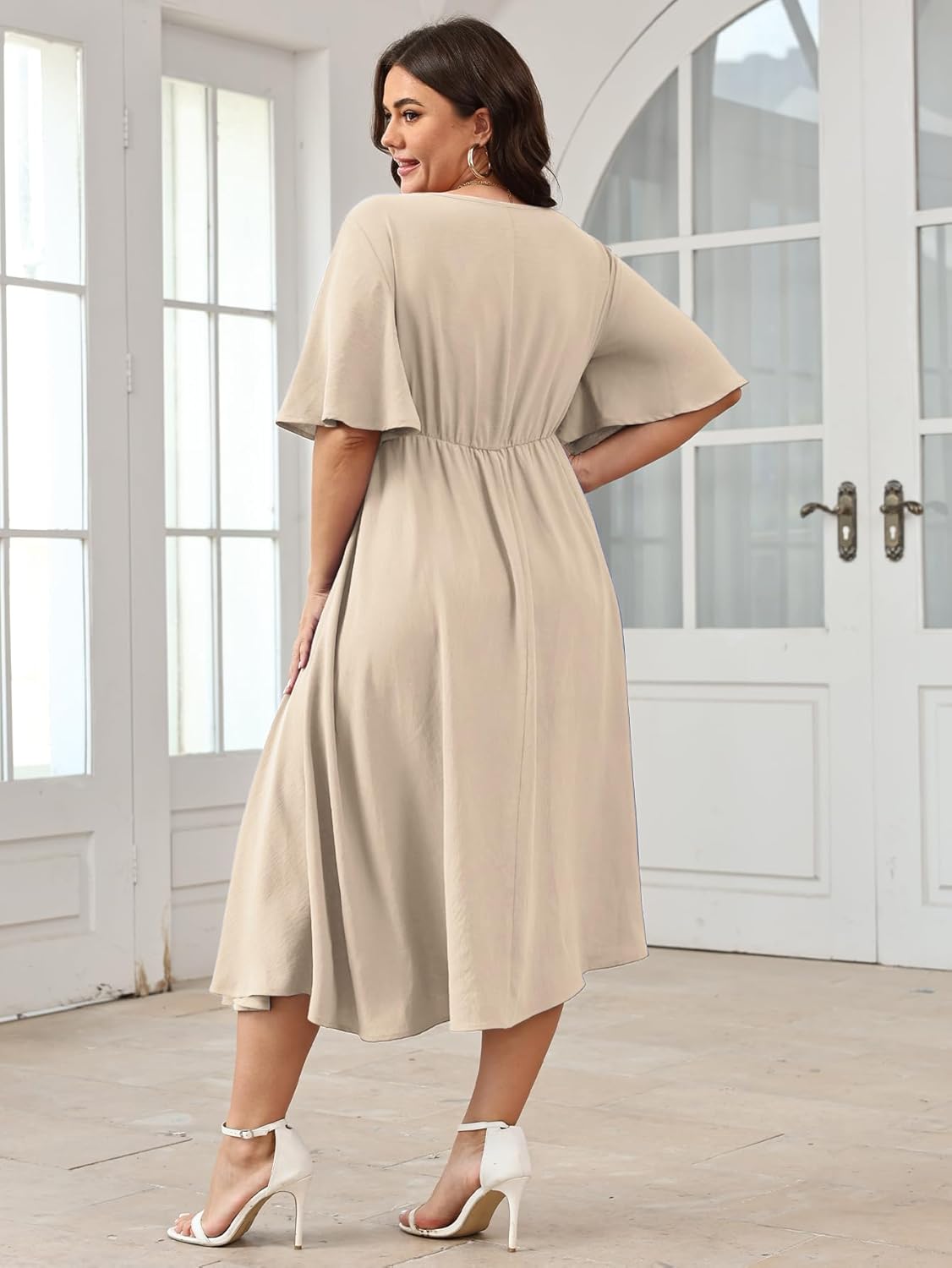 SCOMCHIC Women Plus Size Midi Dresses Wedding Guest Short Sleeve V Neck Tie Waist Casual Summer Flowy A Line Dress - Image 6