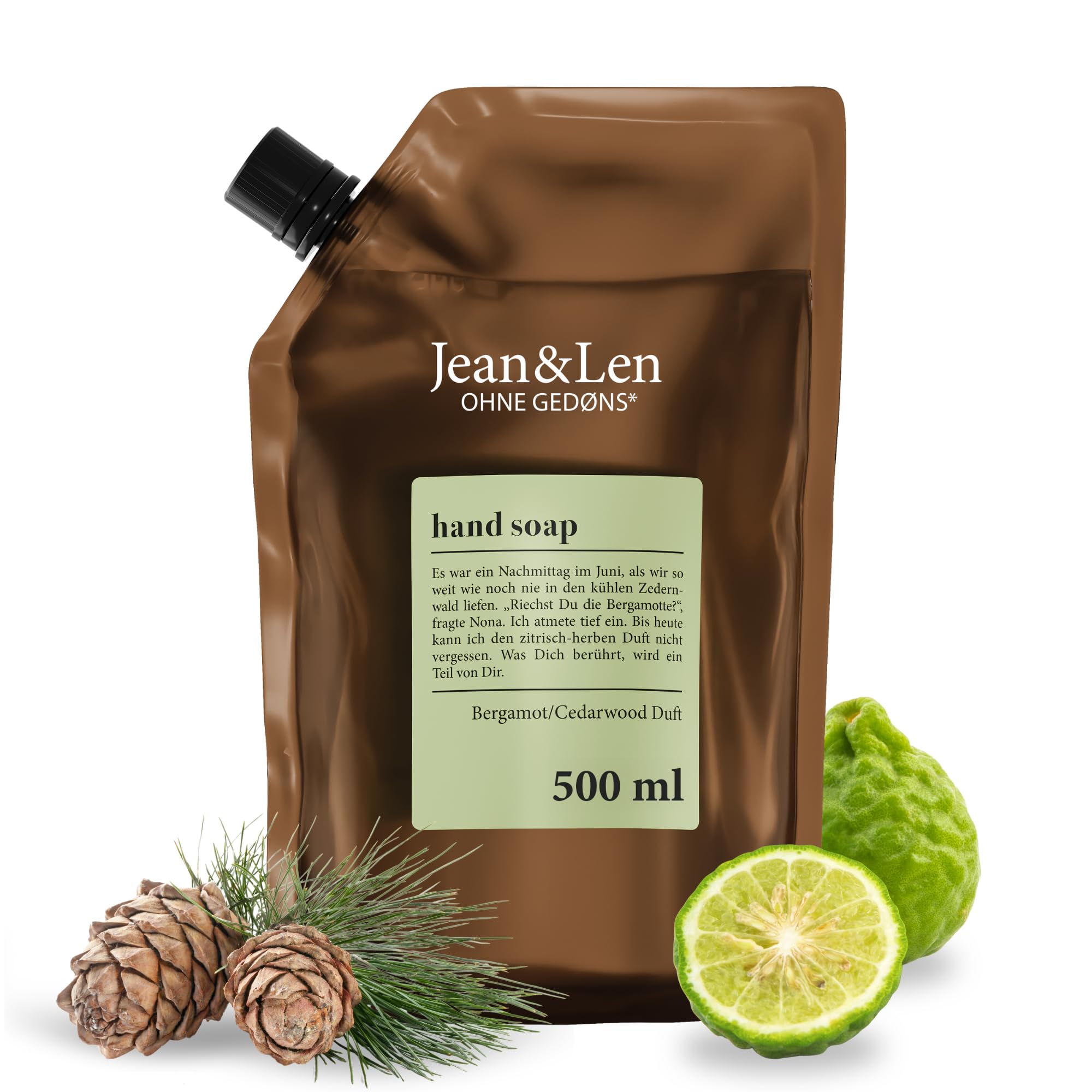 Jean & Len Jabón de manos Bergamot & Cedarwood en recarga, limpia manos estresadas, ideal para uso diario, fragancia fresca cítrica, jabón líquido vegano, 500 ml