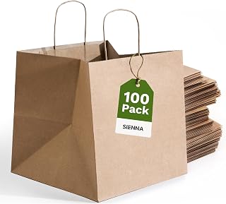 EKOBAGS SIENNA 손잡이가 달린 갈색 종이 봉투 100팩 | 라지 와이드 30.5 x 20.3 x 33cm(12 x 8 x 13인치) 튼튼한 115 GSM 크래프트 선물 가방 벌크 | 중소기업, 베이커리, 소매, 케이터링 | FSC, 재활용 가능, 4.5kg(10파운드) 보관
