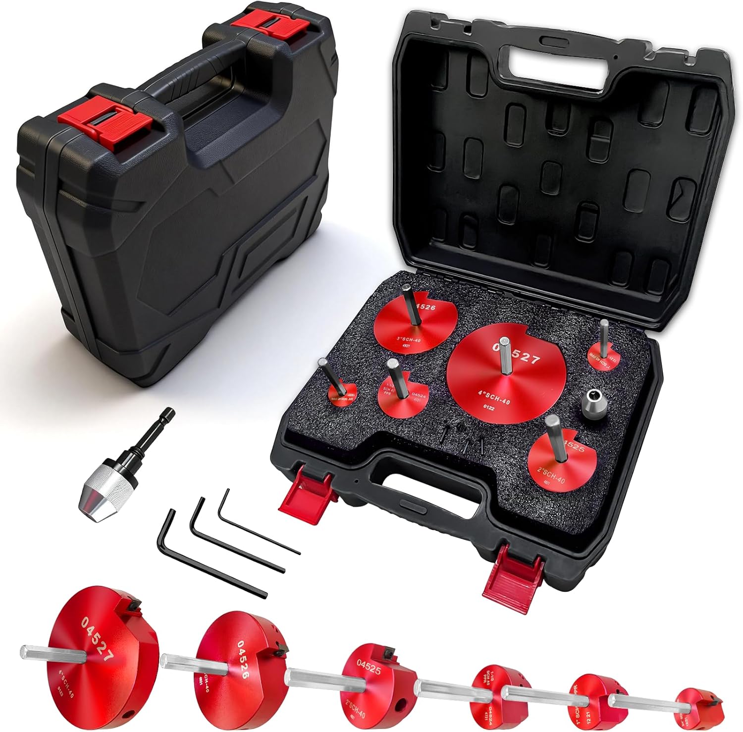 04529 for PPRK6 Plastic Pipe Fitting Reamer, PVC Reed Pipe Reamer Kit Contains 3/4",1",1-1/2",2",3",4" Aluminum Head Fit into Standard 1/2" Drill for CPVC, PPR or ABS