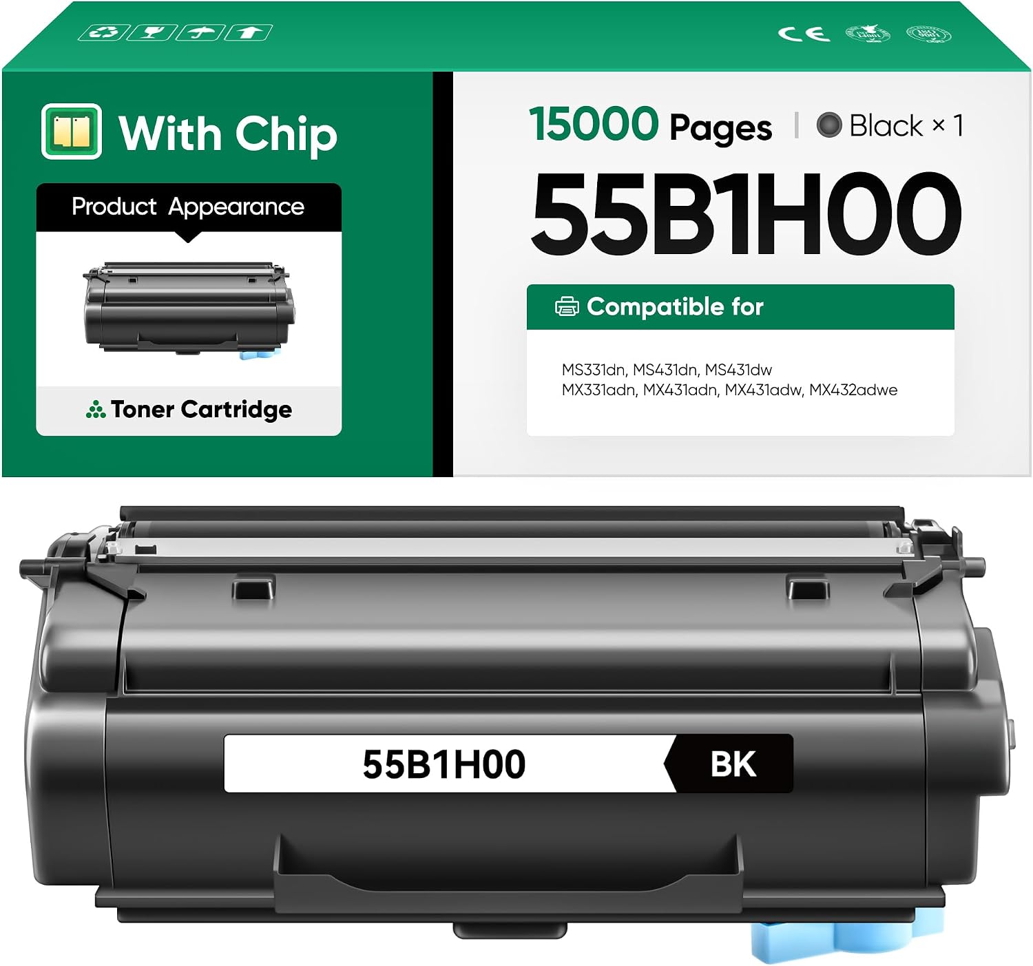 55B1H00 High Yield Remanufactured Toner Cartridge Black 15000 Pages With Chip, Replacement for Lexmark 55B1000 55B1X00 Compatible MS331 MS431 MX331 MX431 MX432 MS331dn MS431dn MX431adn Laser Printer