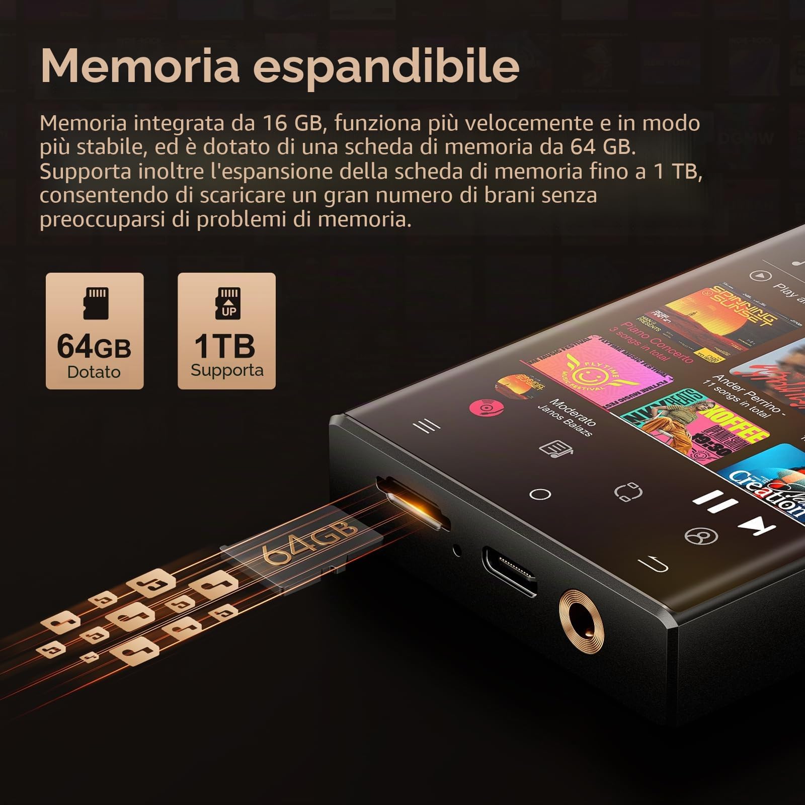 Lettore MP3 HiFi con Bluetooth e WiFi, Oilsky 80GB Spotify MP3, 2,8'' Lettore di Musicale Digitale 512DSD ad Alta Fidelità Senza Perdite, Android 9.0 (nero)