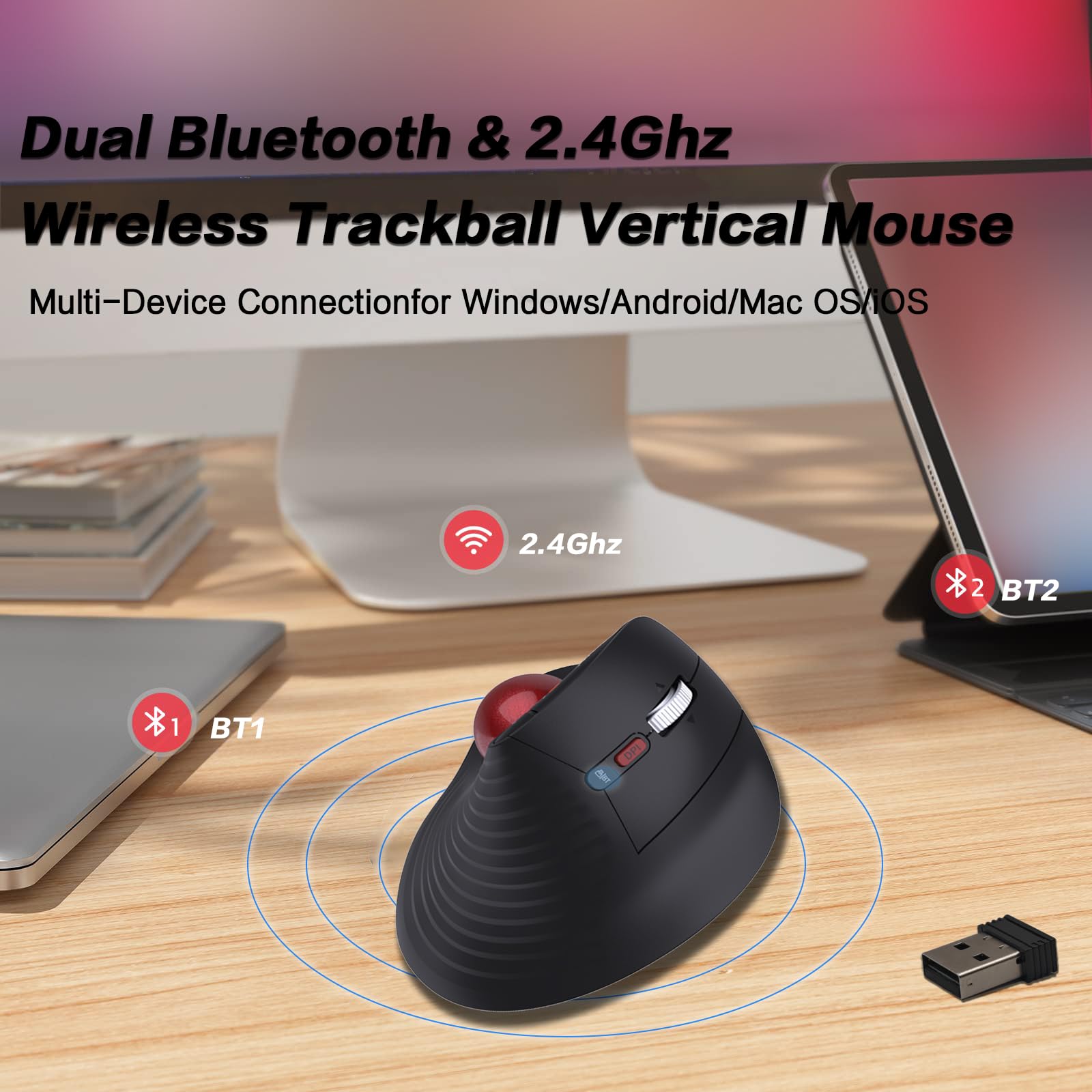 JOMAA Mouse wireless con trackball verticale, design ergonomico, commutazione a 3 dispositivi, 2,4 G/Bluetooth 5.0, ricaricabile di tipo C, DPI regolabile, compatibile con Windows/macOS/iOS/Android
