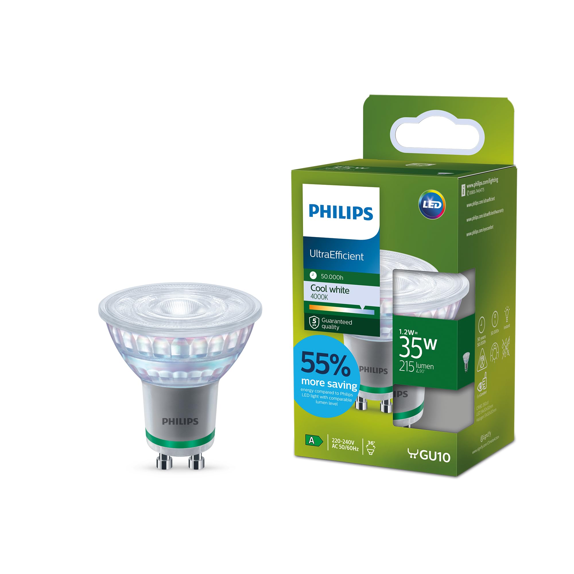 PHILIPS UltraEfficient LED GU10 Spotlight, 35W, EyeComfort, Flicker-Free, Cool White Light 4000K, 215 Lumens, GU10 Base, 1 Pack​
