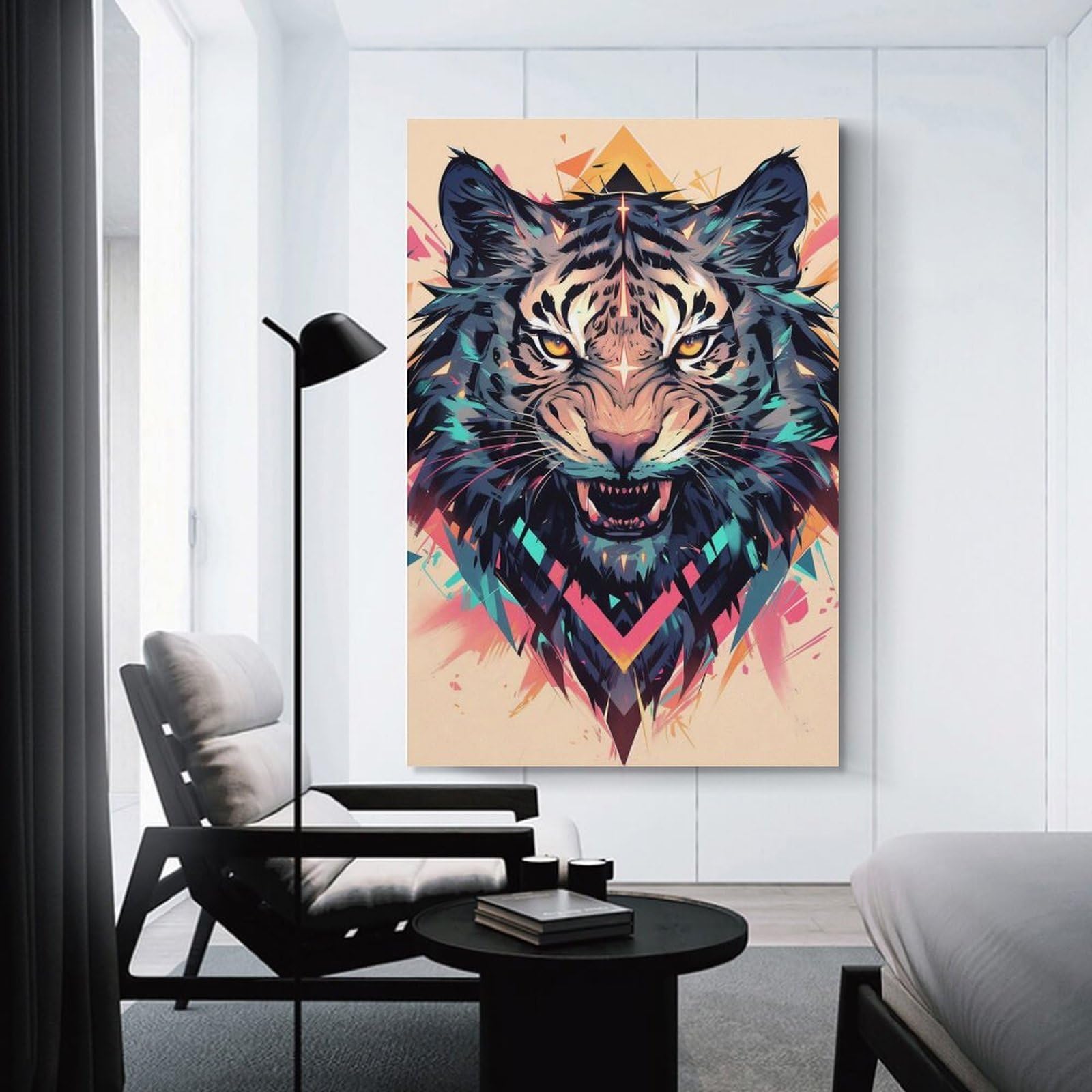 Junmoney Aggressive Tiger with Geometric Patterns Decorative Wall Artwork, 08x12inch(20x30cm), for New Homes, Bedrooms Or Workspaces, Gift Idea for Housewarming And Birthdays