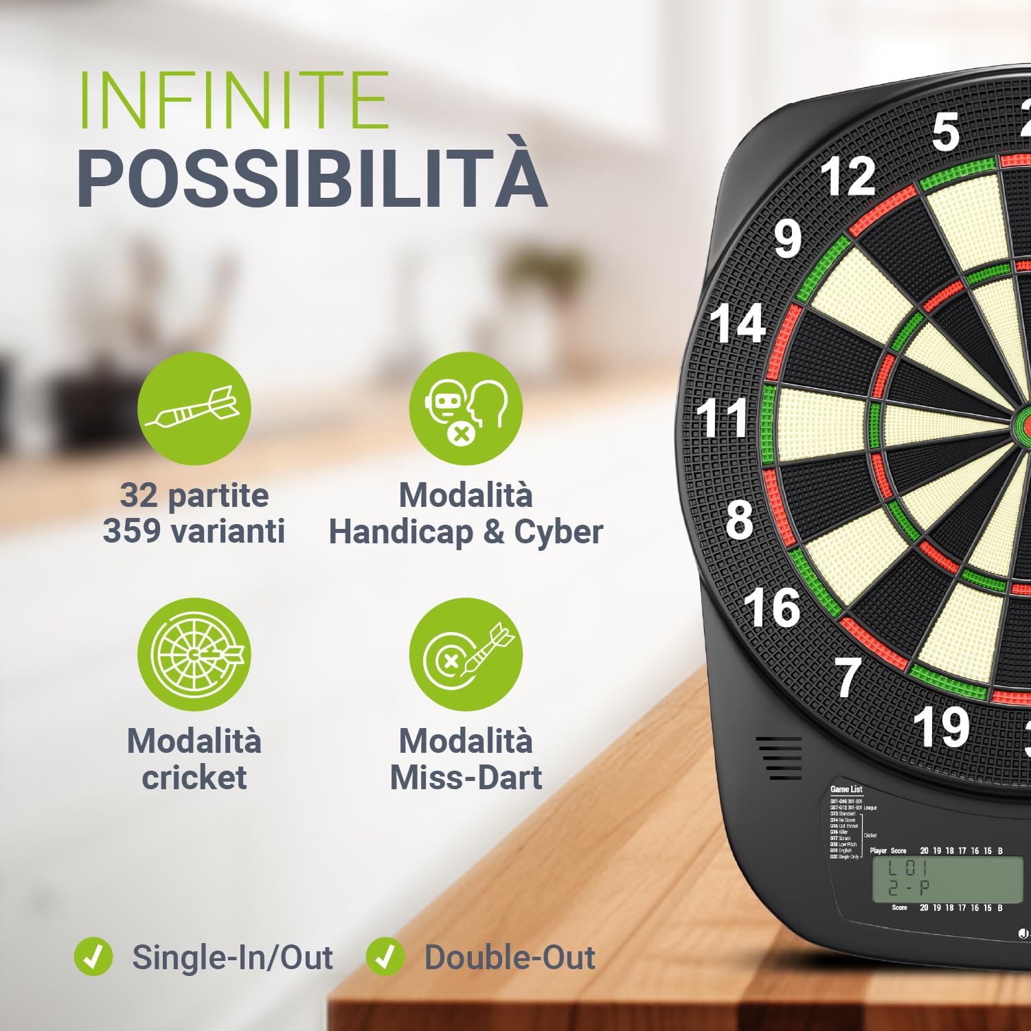 Juskys bersaglio elettronico – LCD con 32 giochi e 359 varianti, USB-C, freccette & accessori, fino a 8 giocatori, alimentazione a rete o a batterie