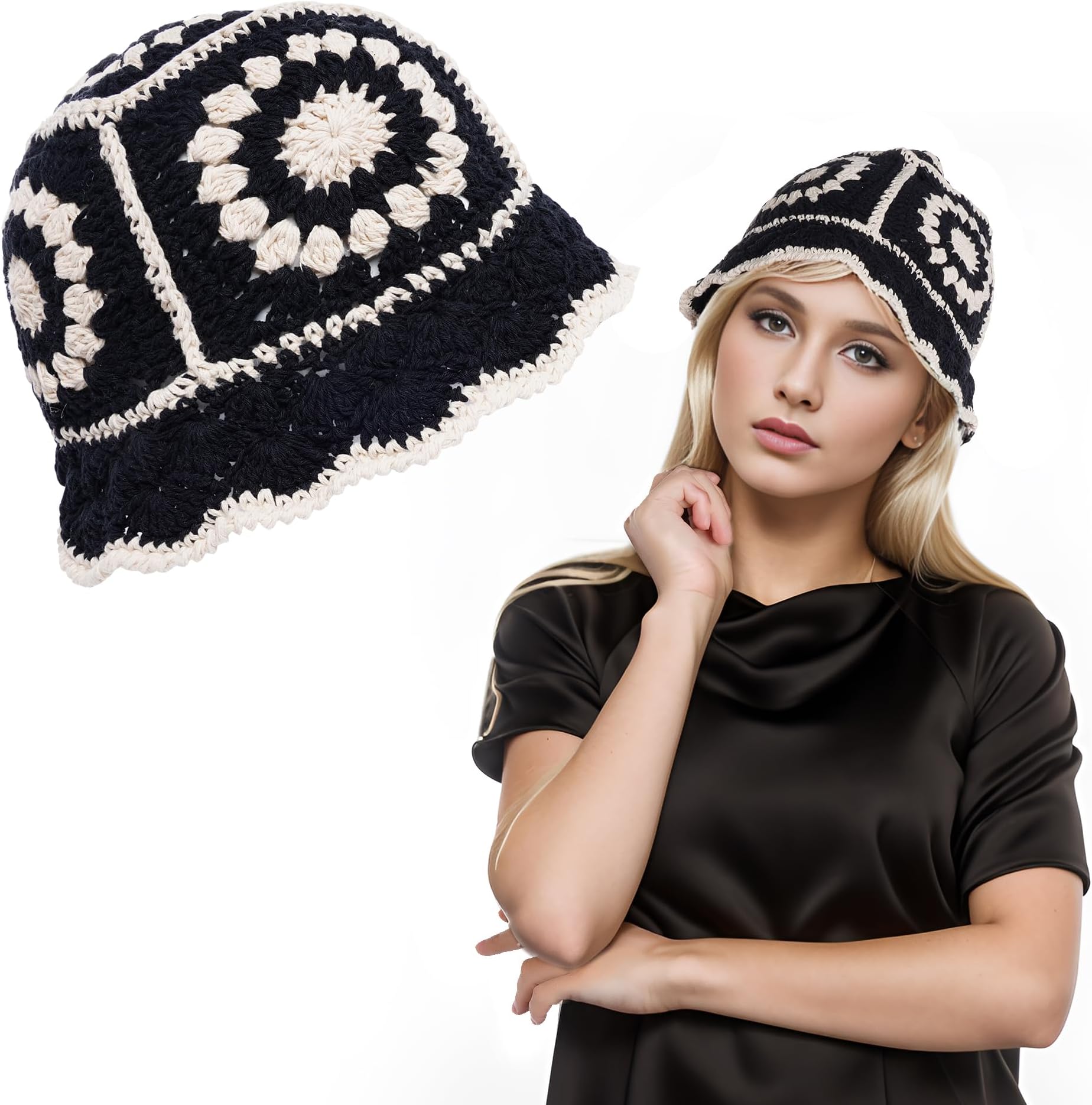 Crochet Bucket Hat Women, Knitted Bucket Hat Floral Knitted Hat, Crochet Hat for Black Women Fashion Outdoor Black