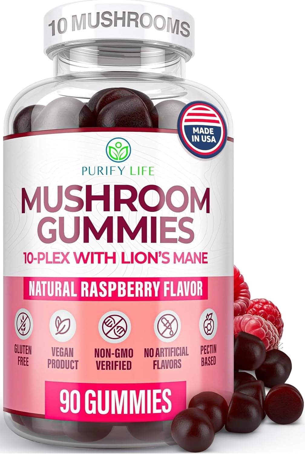 Purify Life World's First Mushroom Complex Gummies with Lions Mane (90 Chews 2500mg/serving) Nootropic Mushroom Supplement for Adults & Children, Immune Support & Stress Relief