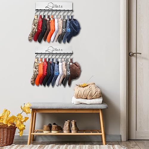 Miniatura 8 de FANGSUN Perchero para sombreros de pared, organizador de madera para gorras de béisbol con 20 ganchos, estante de exhibición de metal rústico con