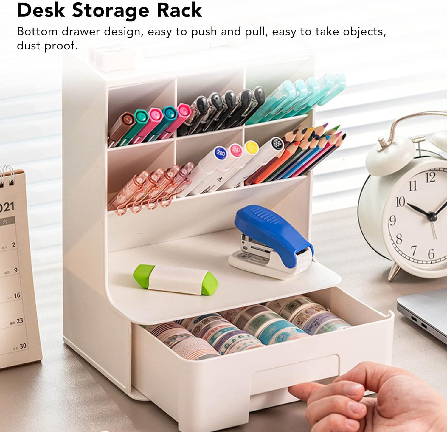 Slanted Design Desktop Organizer Box - Large Capacity Plastic Pen Holder Storage Box for Office Desk Storage Shelf(White)