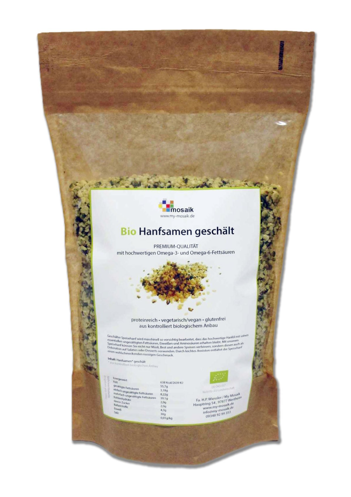 my-mosaik Bio Hanfsamen geschält aus kontrolliert biologischem Anbau (150g), nährstoffreich und vegan, Low Carb, zum Kochen und Backen