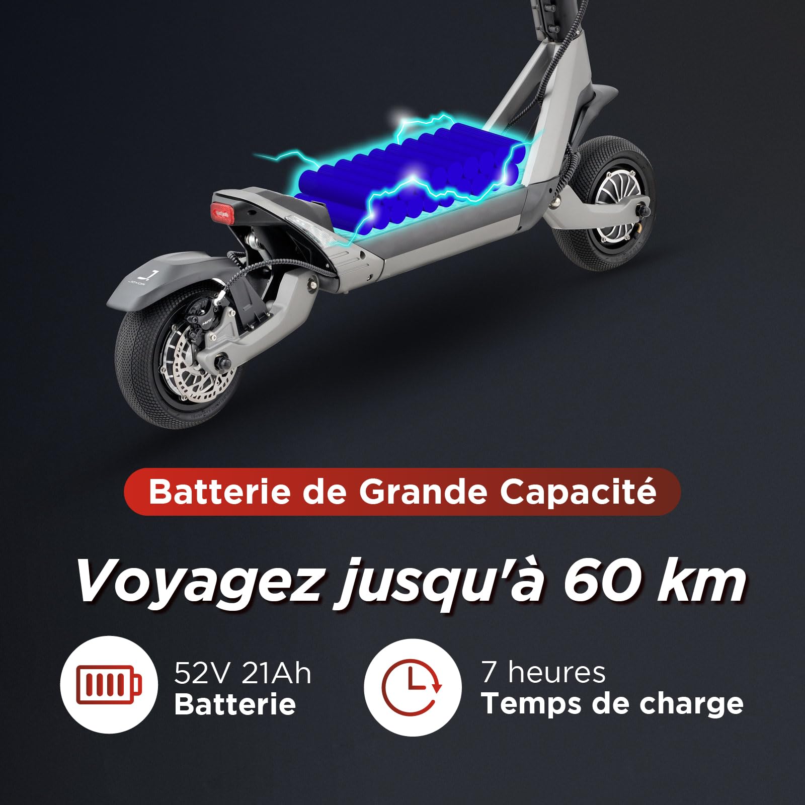 Joyor LuxeRider Trottinette électrique adulte, pliable, deux moteurs de 1200W, batterie de 52V 21AH, autonomie de 55-60km, roues pneumatiques de 25,4x8,9cm, charge maximale 150KG, double suspension