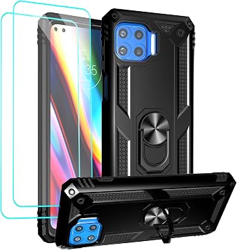 Androgate Compatible with Moto One 5G Case - Motorola One 5G UW Case with Tempered Glass Screen Protectors, Military-Grade Metal Ring Kickstand, 17ft Drop Tested Shockproof Cover, Black