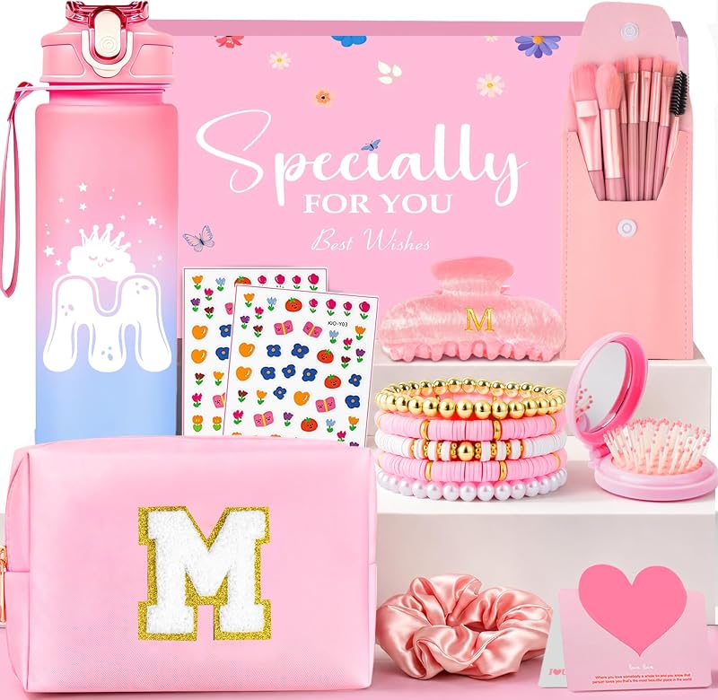 Awfrky Necessaire de maquiagem personalizada com inicial, rosa, conjunto com 10 itens, modelo M