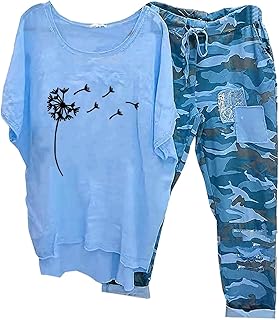 Mujer de dos piezas de verano, camiseta ancha, pantalones informales, sueltos, lounge conjunto, cuello redondo, manga corta, traje deportivo aireado, ligero, sexy, estampado festivo, azul, L