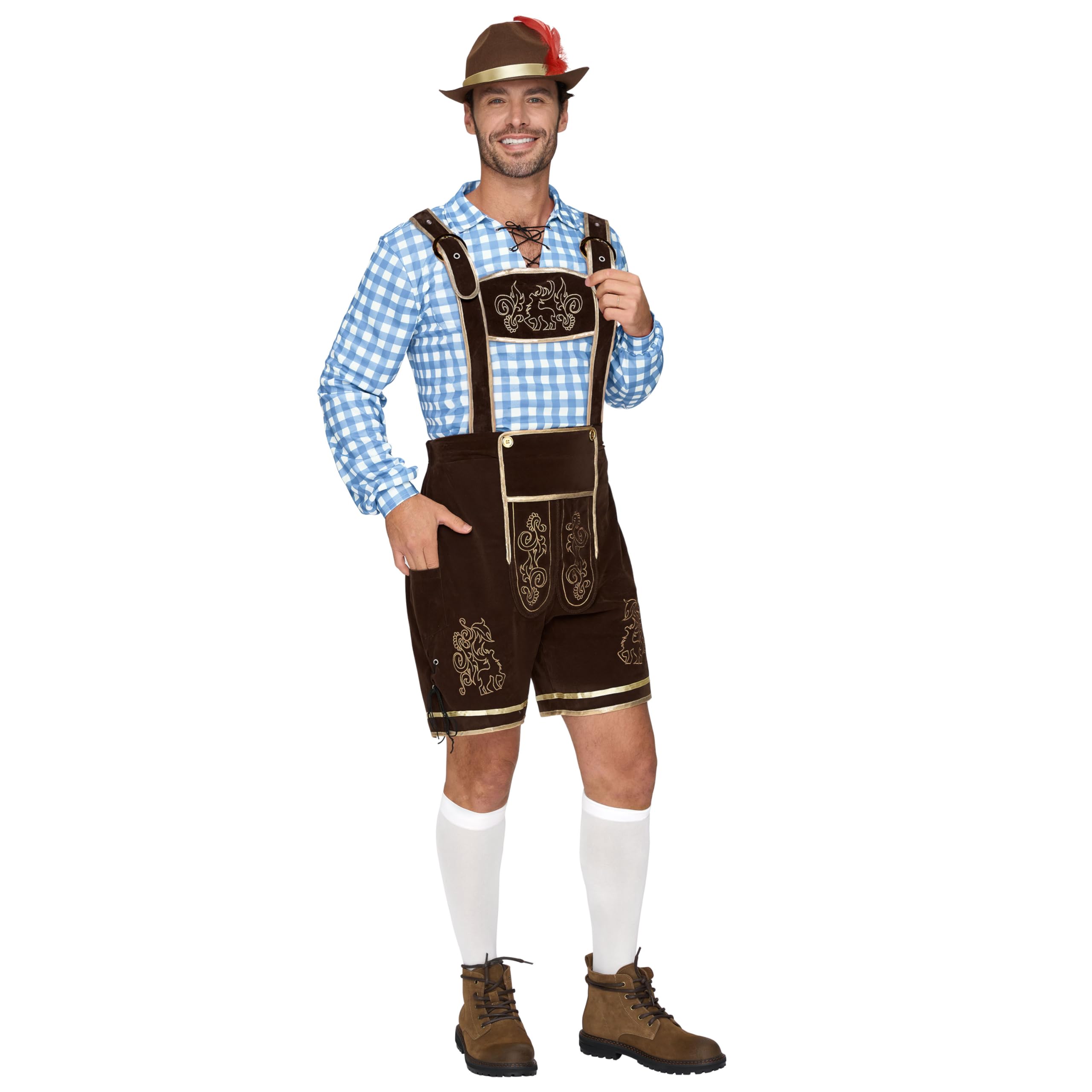Spooktacular Creations Grün Blau Rot kariertes deutsches bayerisches Oktoberfest-Kostümset für Herren für Halloween-Verkleidungspartys und Bierfest
