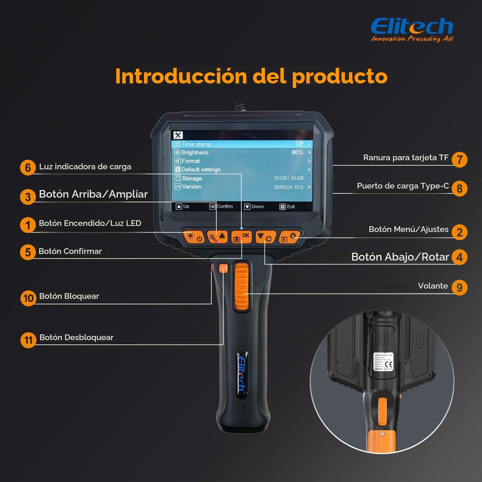 Elitech Cámara de Inspección de Tuberías y Motores Endoscopio Articulado Bidireccional 180° con Pantalla IPS 4.3" y Sonda Ultrafina 6.2mm IP67 Herramienta Profesional ELS-240