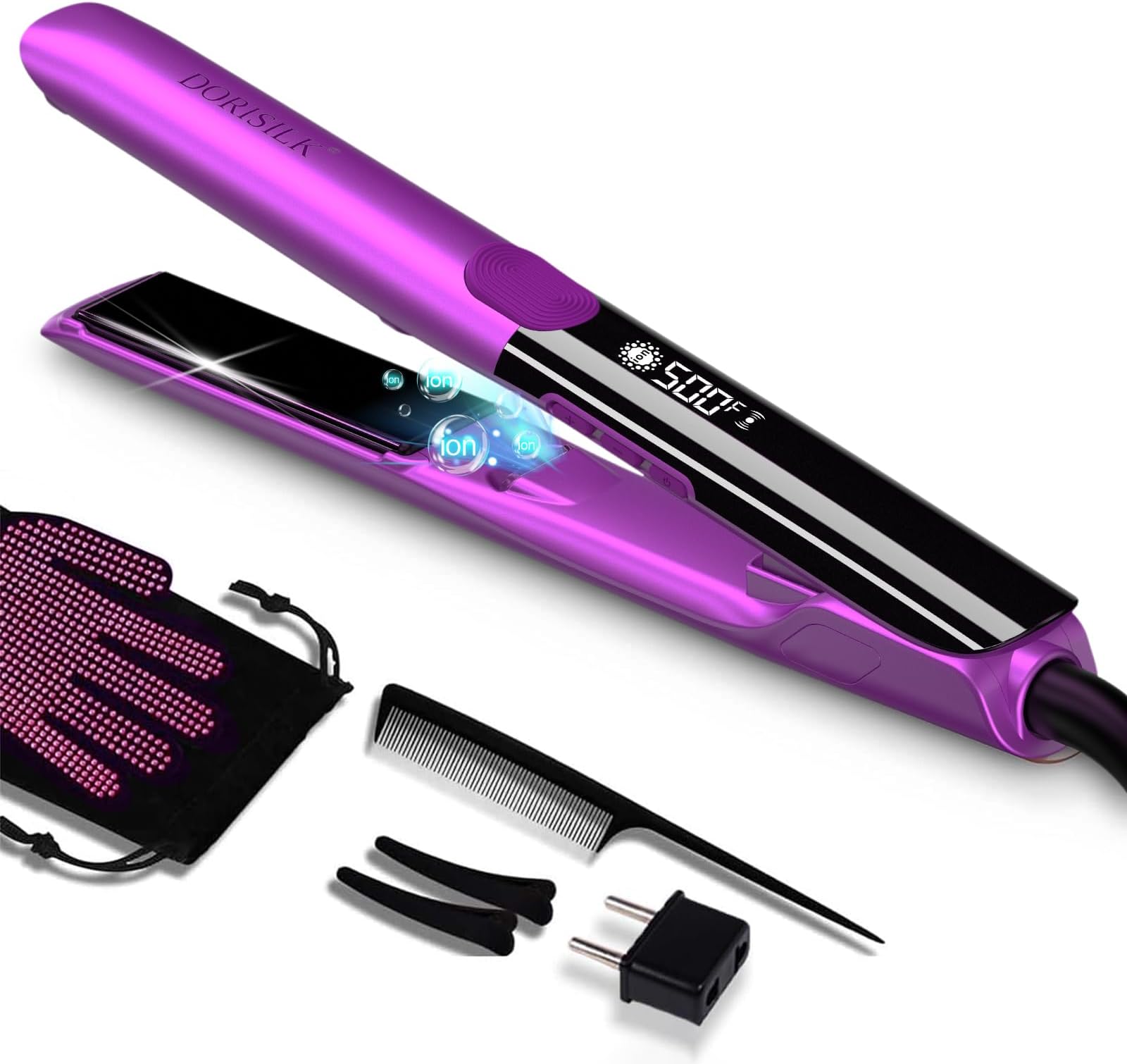DORISILK 500 Degree High Temp Professional Hair Straightener，30s Fast Heating Ceramic Flat Iron ，2 in 1 Hair Straightener and Curler，Plasma Flat Iron Get Frizz-Free ，Dual Voltage for Travel（Purlpe）
