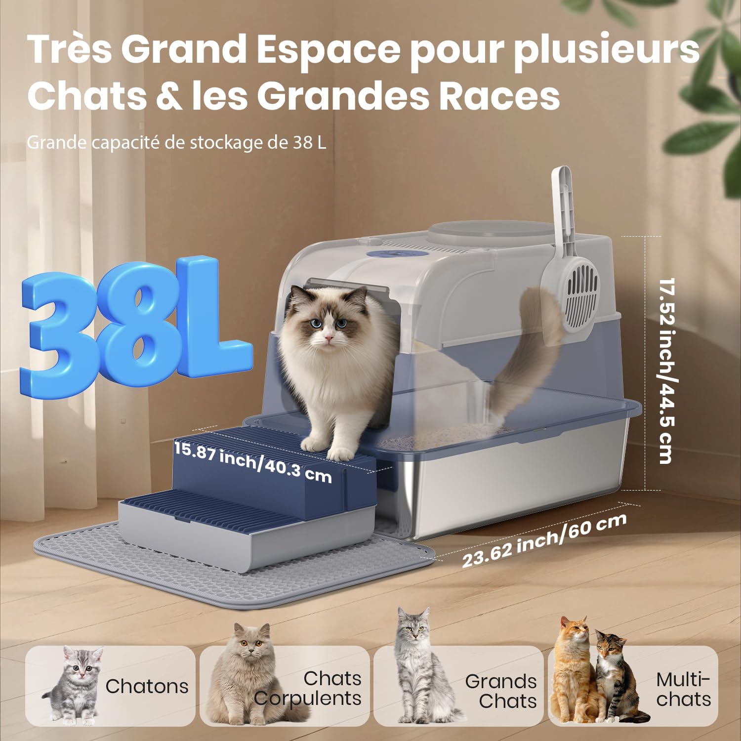 XXL Bac Litière pour Chat en Acier Inoxydable avec Couvercle, Litière Fermée Cityflee, Bac à Litière Couvert avec Entrée par Le Dessus et l'avant, Inclut Tapis et Pelle à Litière, Contrôle des Odeurs