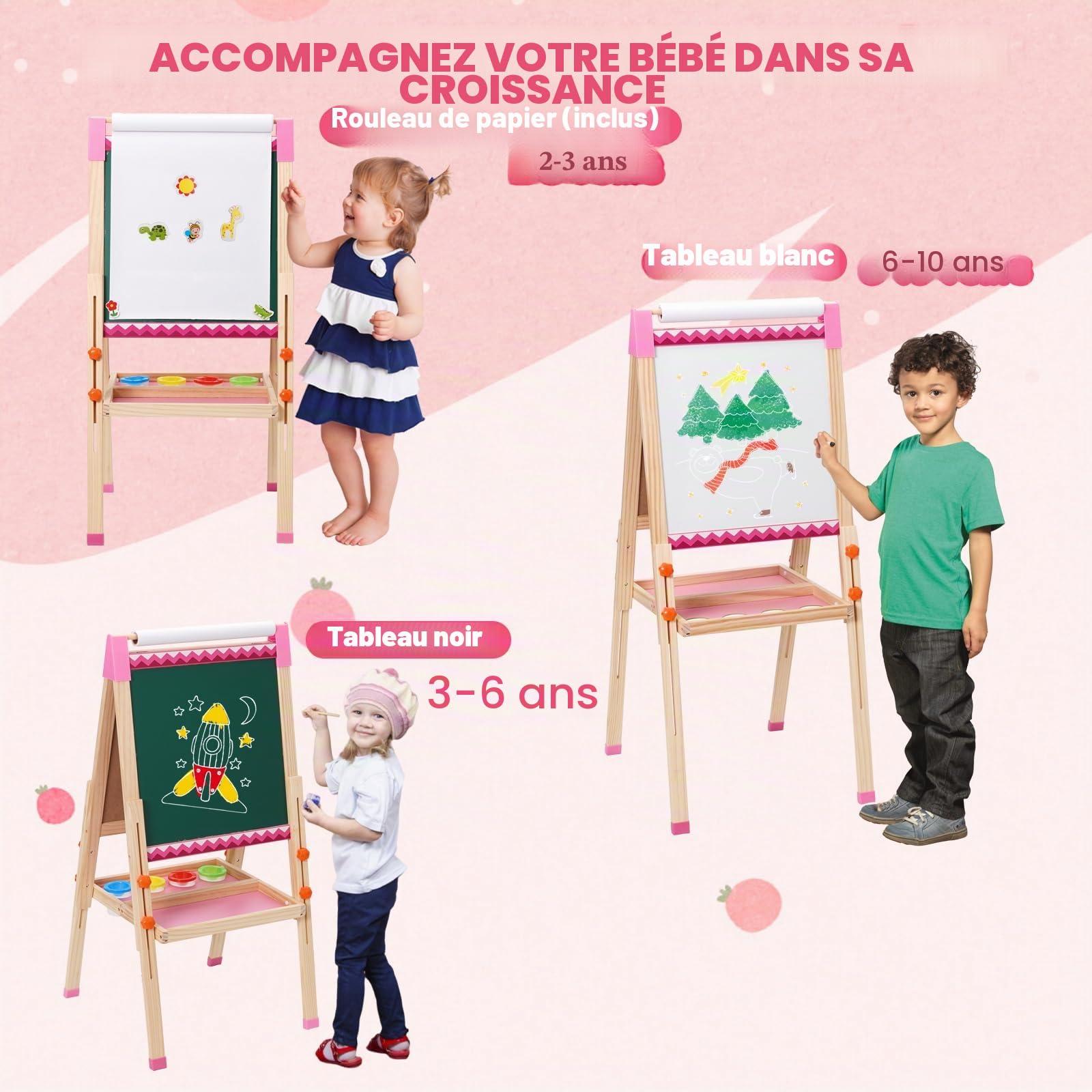 Chevalet pour Enfants Avec Rouleau de Papier à Dessin,Tableau Noir Double Face Pliable,Tableau Blanc Magnétique et Support pour Papier à Peindre,Cadeau pour Tout-Petits Garçons et Filles
