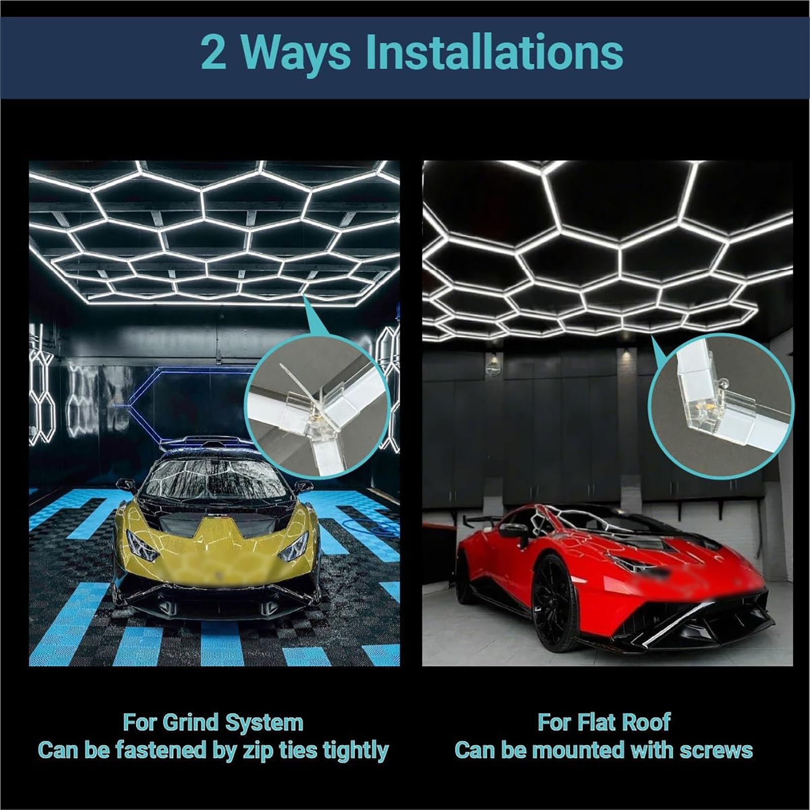 Hexagon Garage Lights,6500k pour plafond garage,14 Holes éclairage LED avec cadre rectangulaire pour garage,entrepôt,atelier,salle sport,salle lavage automobile