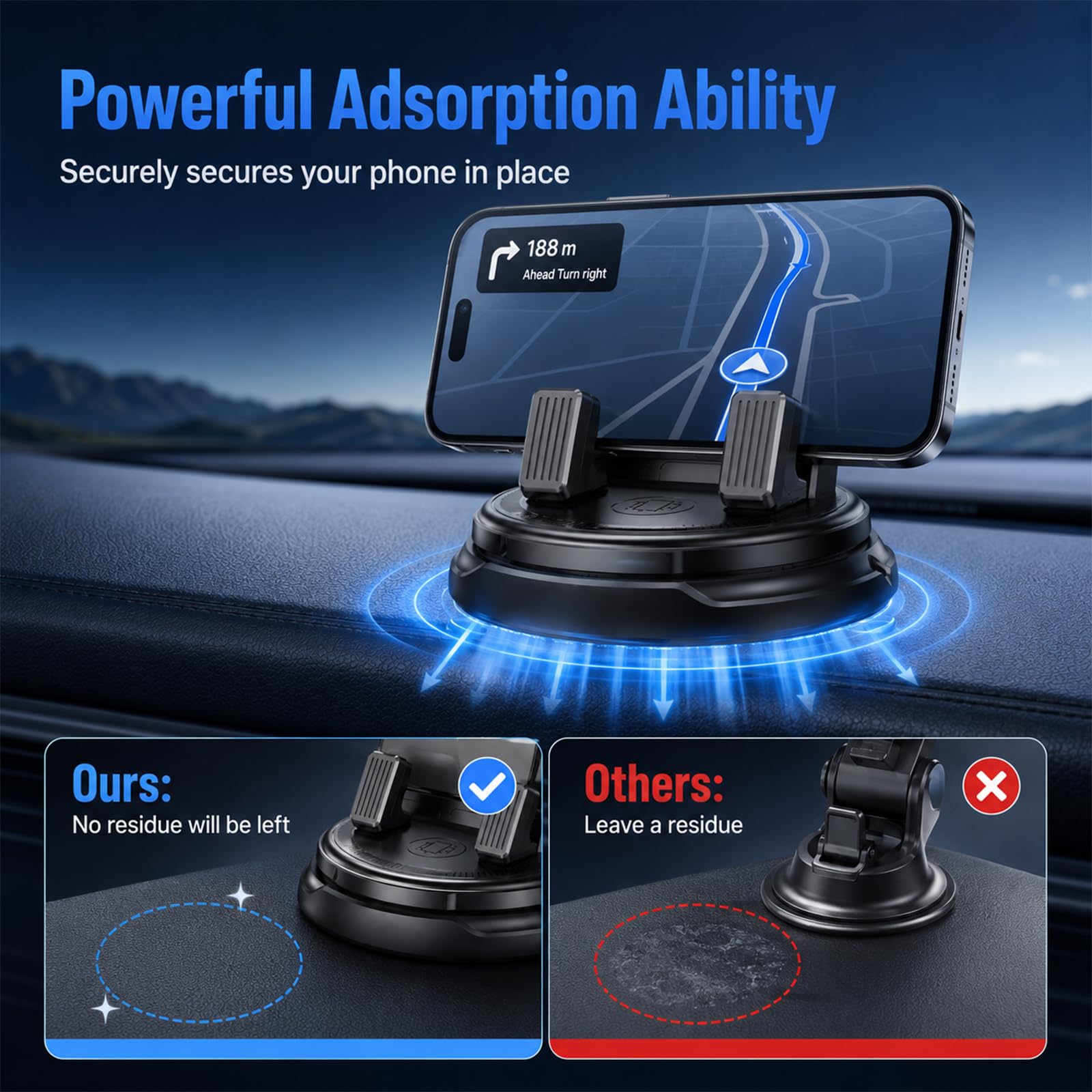 Soporte para teléfono de coche con rotación de 360 grados, soporte de teléfono para salpicadero con clip de resorte ajustable, soporte universal ajustable para teléfonos inteligentes