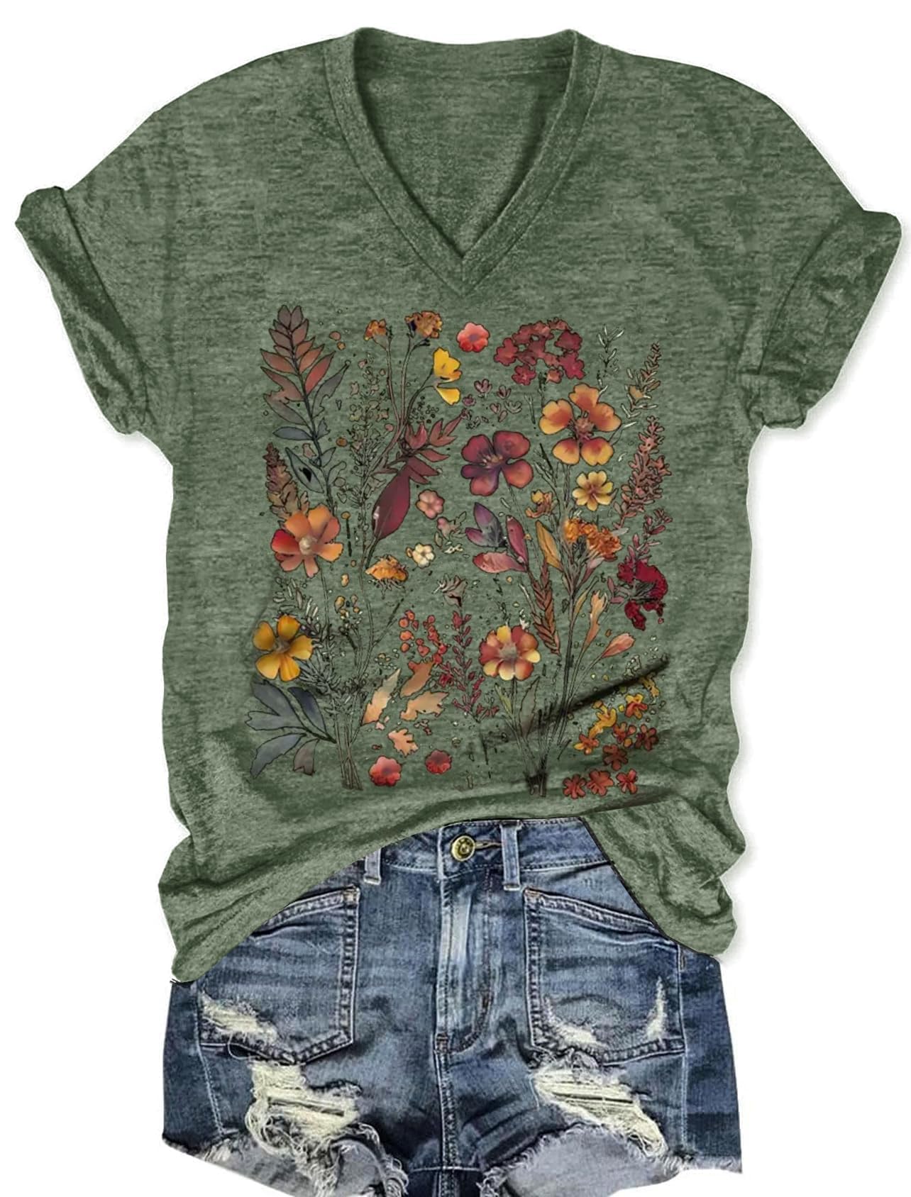 Women's V-Neck Graphic T-Shirts Boho Floral Short Sleeve Watercolor Print Tee Cute Vintag…