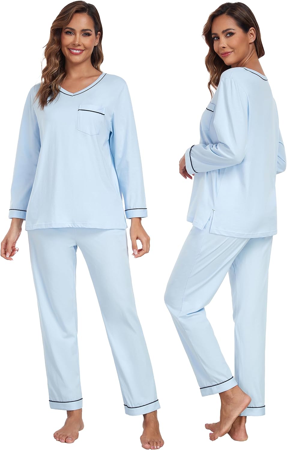 COLORFULLEAF Women's 100% Cotton Pajama Set with V-Neck, Long Sleeves & Long Pants, 2-Piece Sleepwear with Pocket S-XXL - Image 2