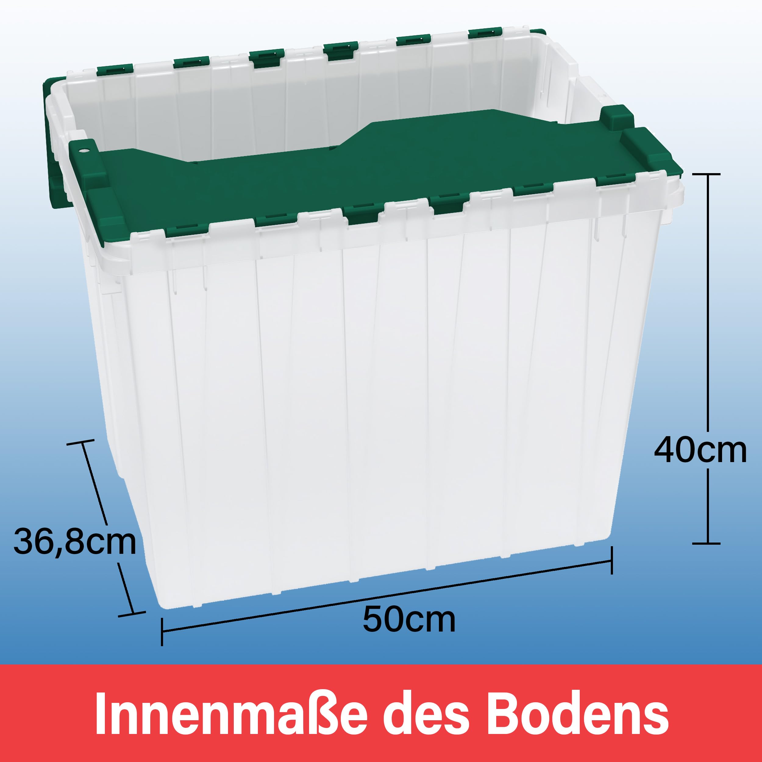 Akro-Mils 66497 Aufbewahrungsbehälter KeepBox aus Kunststoff, stapelbar, 18 Gallonen, mit aufklappbarem Deckel, 21 Zoll L x 15 Zoll B x 17 Zoll H, transparent/grün