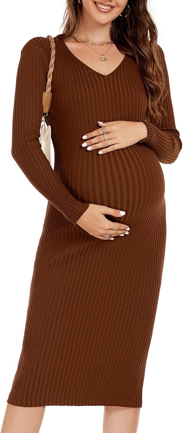 WANTROY Maternity Dress Long Sleeve V Neck Knit Stretchable Sweater Dresses Pregnancy Clothes for Photoshoot Baby Shower