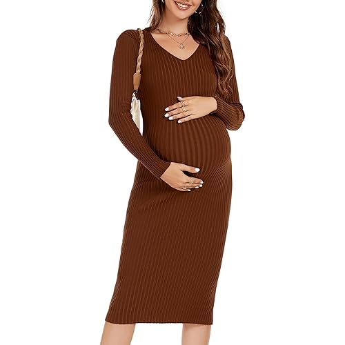 Maternity Dress Long Sleeve V Neck Knit Stretchable Sweater Dresses Pregnancy Clothes for Photoshoot Baby Shower