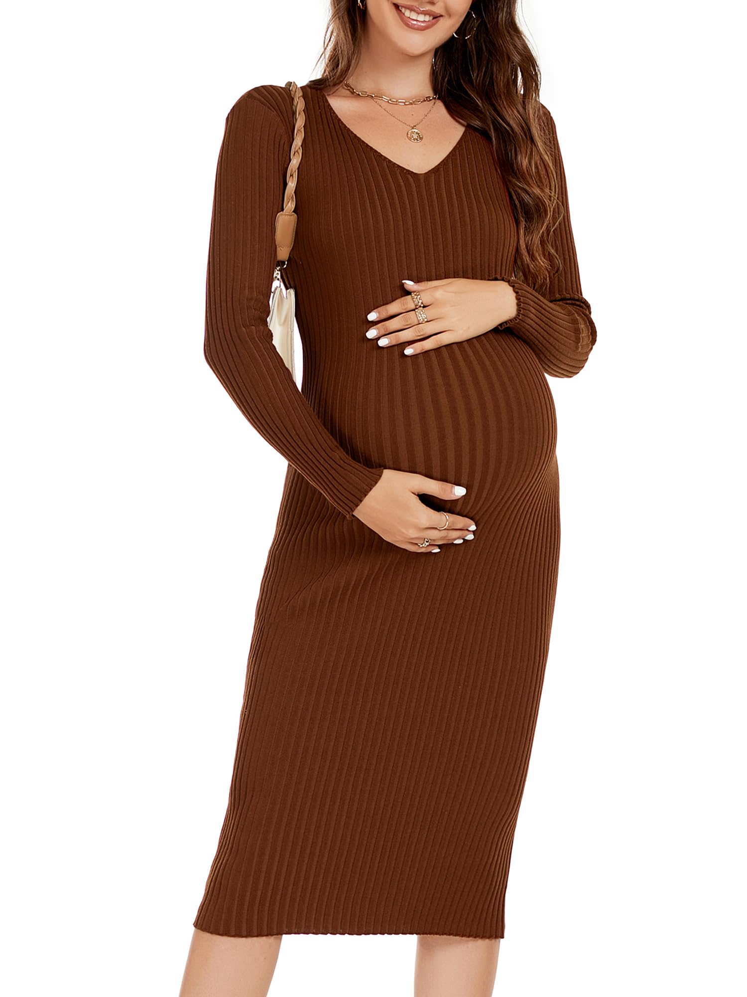 Abito premaman a maniche lunghe con scollo a V in maglia elasticizzata abiti maglione vestiti per gravidanza per servizio fotografico baby shower, Caramello, M