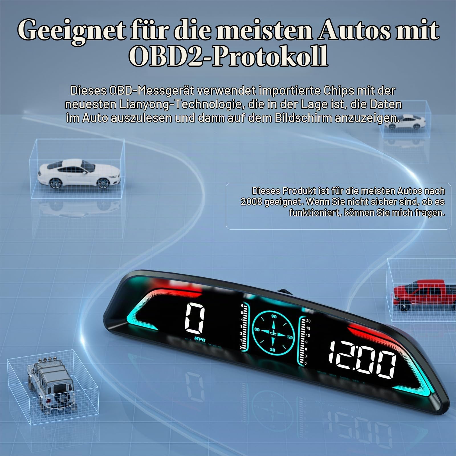 Car HUD Head Up Display, MPH and KM/H, AMROOLOO, Heads Up Display Car, Display Car Speed, RPM, Time and Other Functions, Digital Speedometer Auto MPH