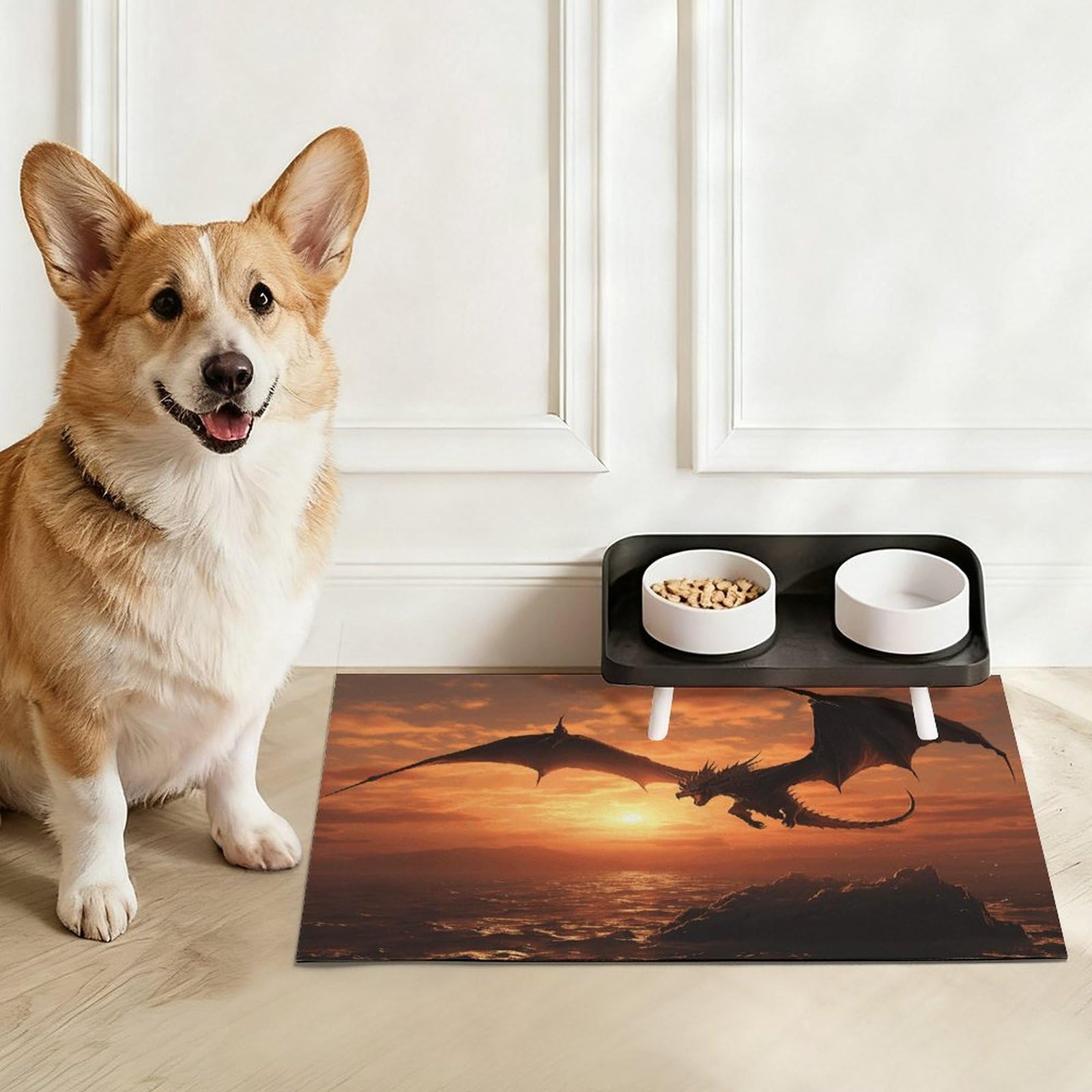 Sea Sunset Tapis d'alimentation pour chat Dragon volant – Tapis d'alimentation antidérapant pour chien facile à nettoyer pour la nourriture et l'eau, tapis de gamelle pour chien et chat 43,2 x 76,2 cm